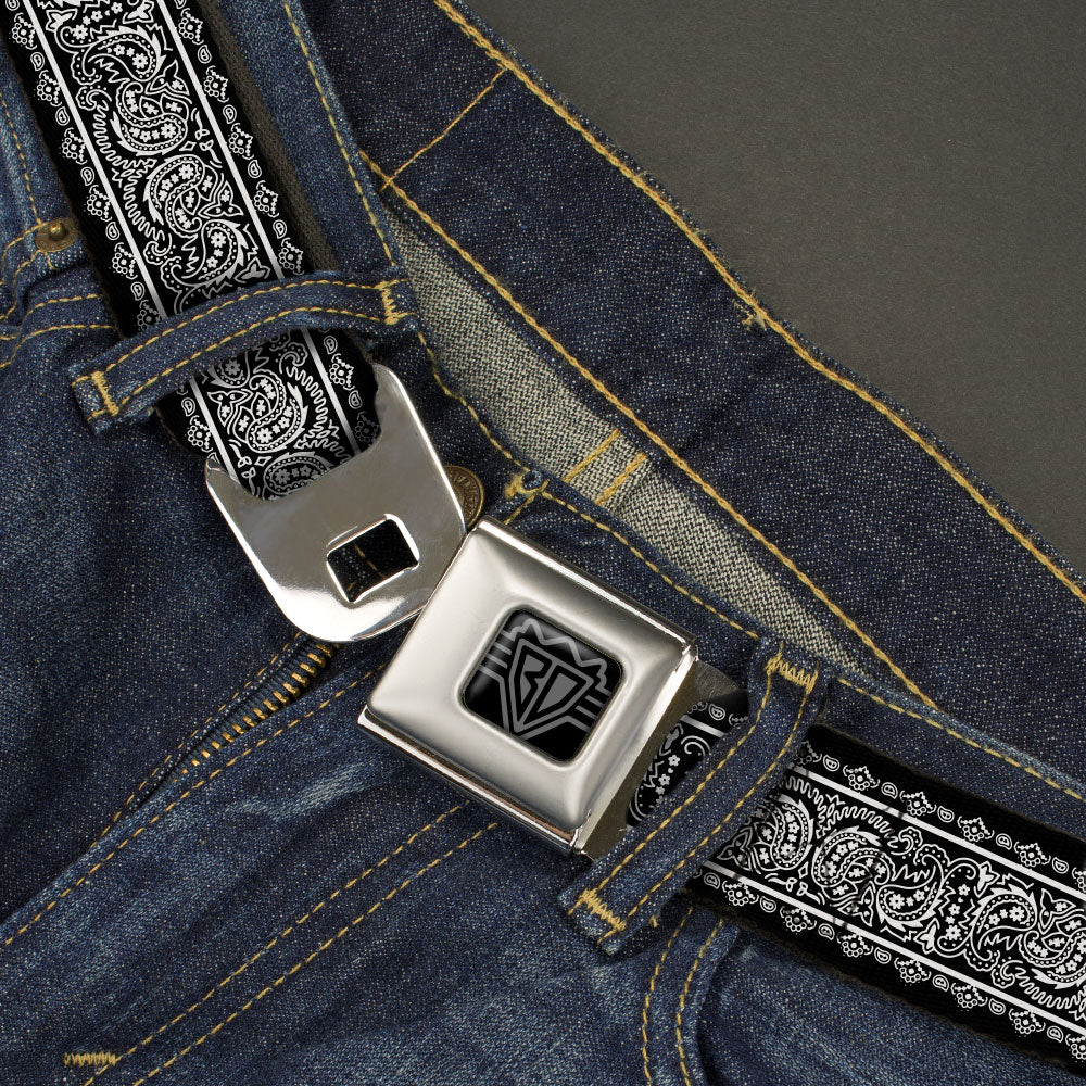 BD Wings Logo CLOSE-UP Black/Silver Seatbelt Belt - Paisley4 w/Border Black/White Webbing Seatbelt Belts Buckle-Down