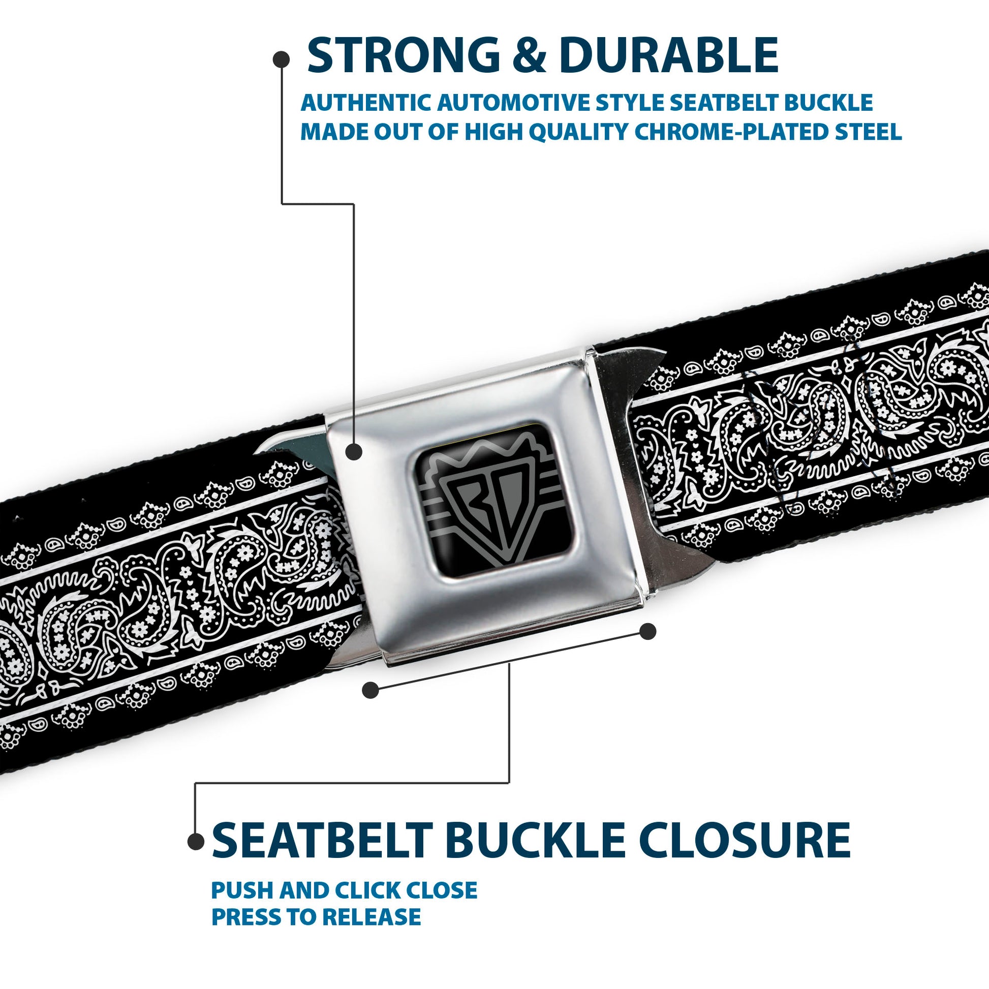 BD Wings Logo CLOSE-UP Black/Silver Seatbelt Belt - Paisley4 w/Border Black/White Webbing Seatbelt Belts Buckle-Down