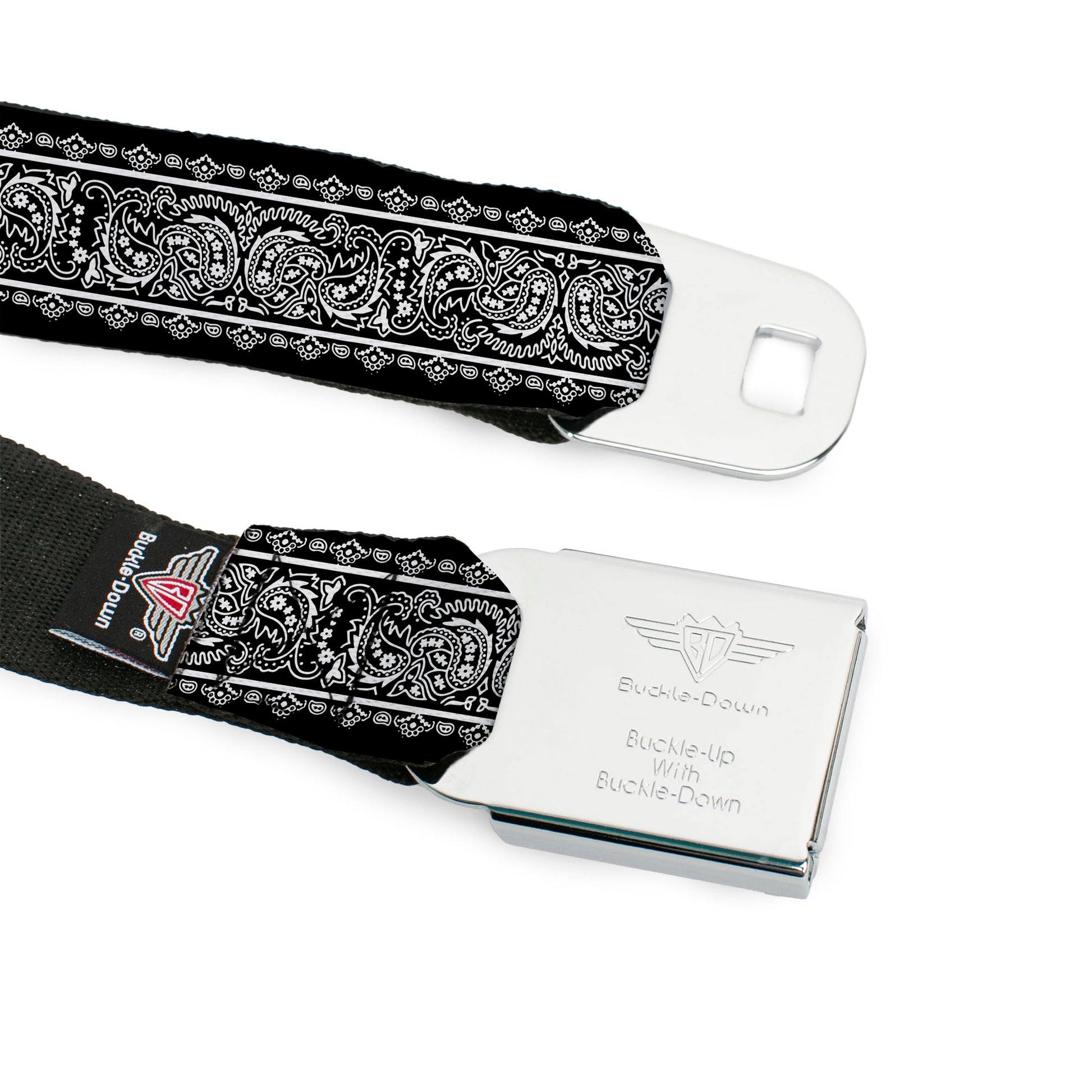 BD Wings Logo CLOSE-UP Black/Silver Seatbelt Belt - Paisley4 w/Border Black/White Webbing Seatbelt Belts Buckle-Down
