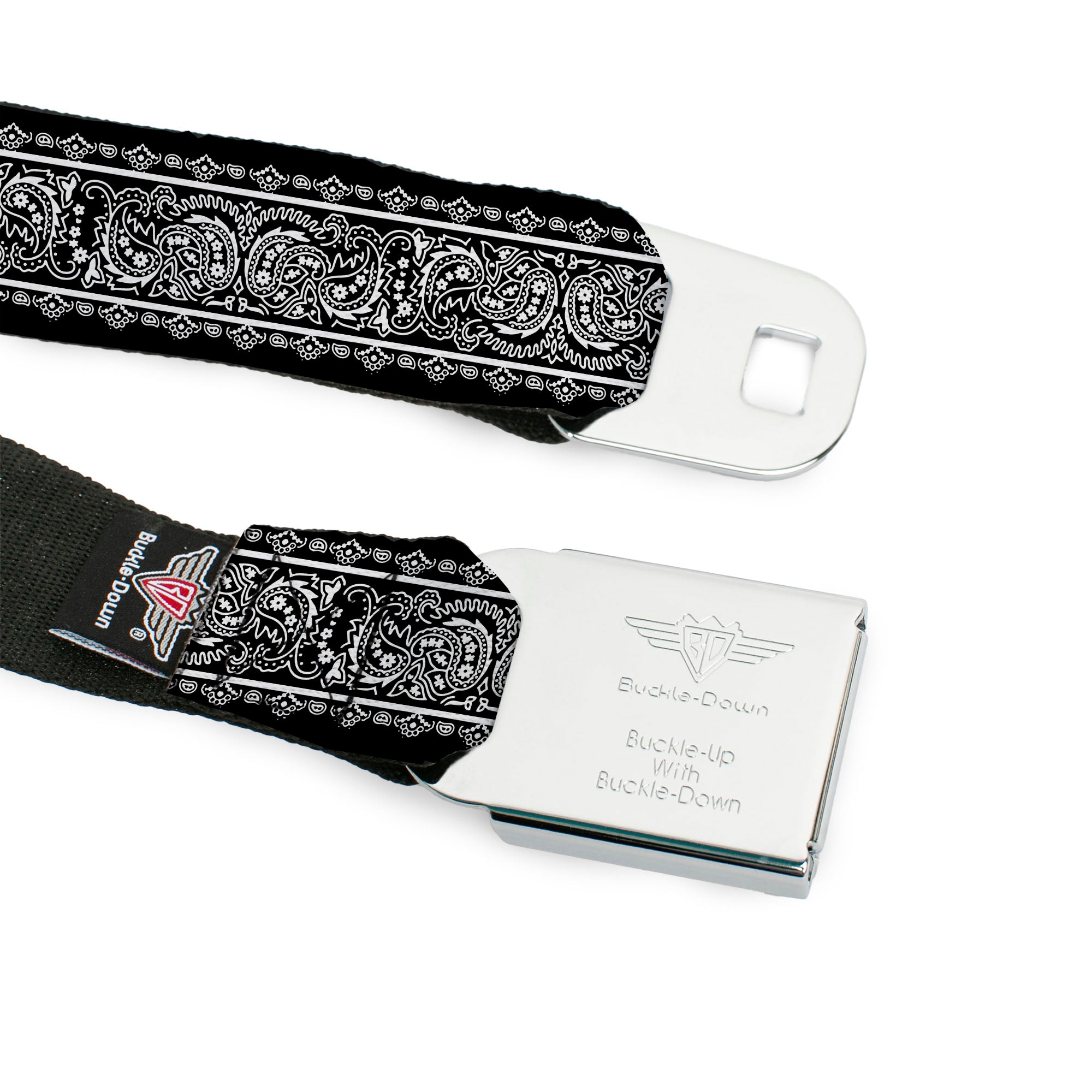 BD Wings Logo CLOSE-UP Black/Silver Seatbelt Belt - Paisley4 w/Border Black/White Webbing Seatbelt Belts Buckle-Down