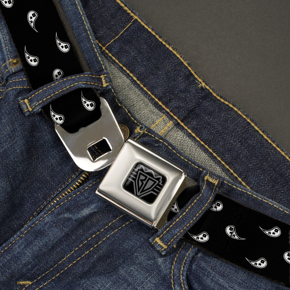 BD Wings Logo CLOSE-UP Black/Silver Seatbelt Belt - Paisley Buta Ornament Black/White Webbing Seatbelt Belts Buckle-Down