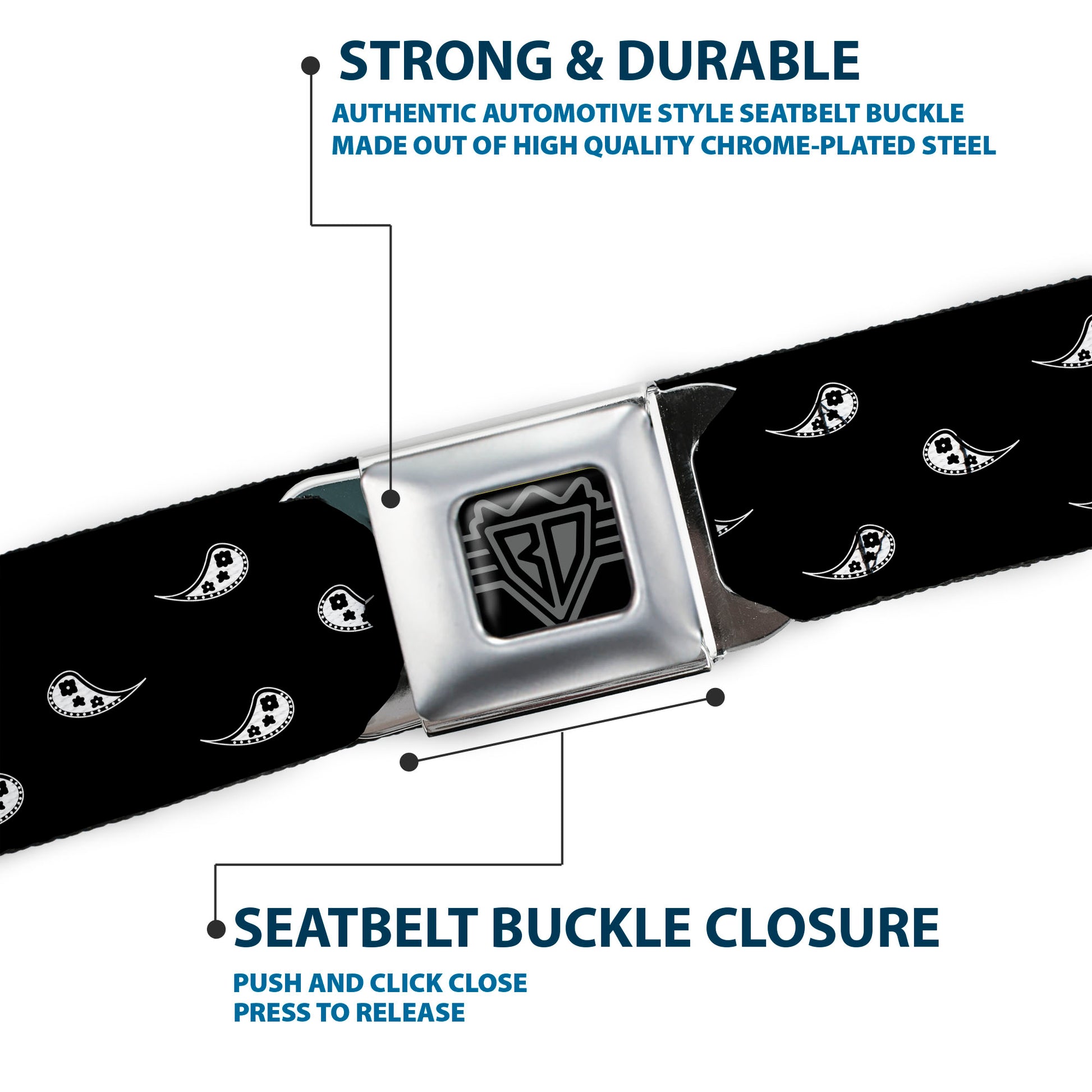 BD Wings Logo CLOSE-UP Black/Silver Seatbelt Belt - Paisley Buta Ornament Black/White Webbing Seatbelt Belts Buckle-Down