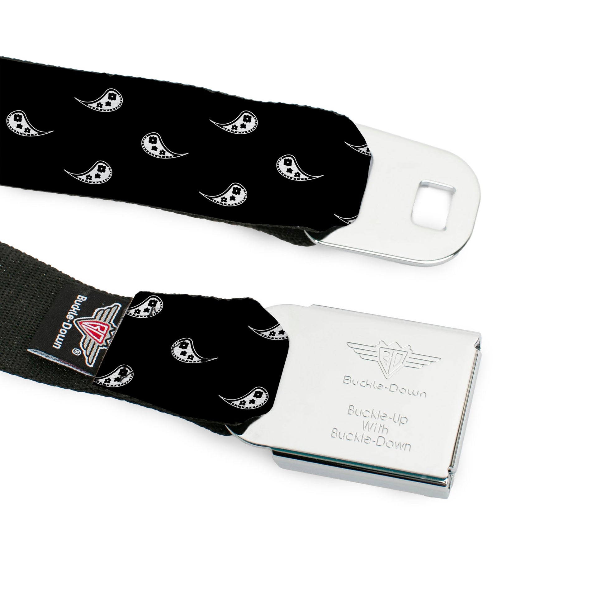 BD Wings Logo CLOSE-UP Black/Silver Seatbelt Belt - Paisley Buta Ornament Black/White Webbing Seatbelt Belts Buckle-Down