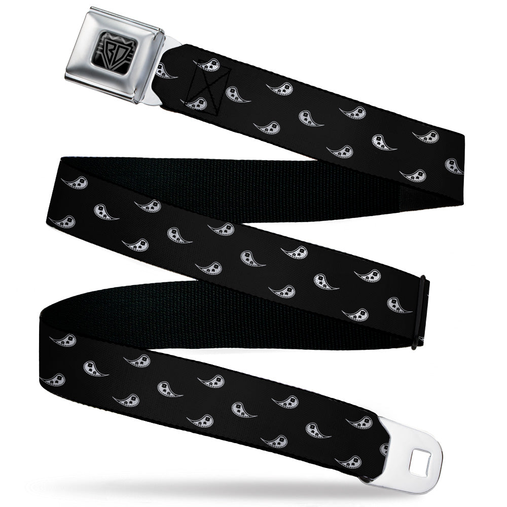 BD Wings Logo CLOSE-UP Black/Silver Seatbelt Belt - Paisley Buta Ornament Black/White Webbing Seatbelt Belts Buckle-Down