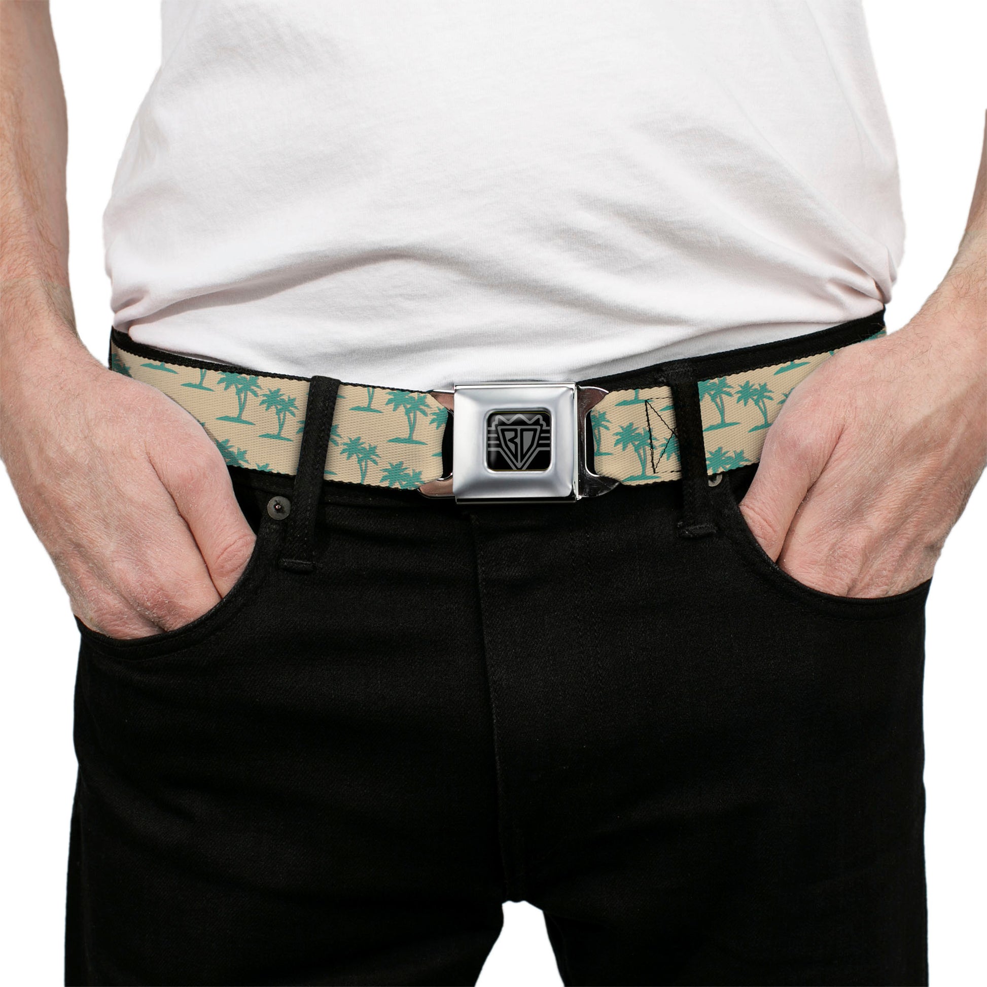 BD Wings Logo CLOSE-UP Black/Silver Seatbelt Belt - Palm Trees Silhouette Monogram Tan/Turquoise Webbing Seatbelt Belts Buckle-Down