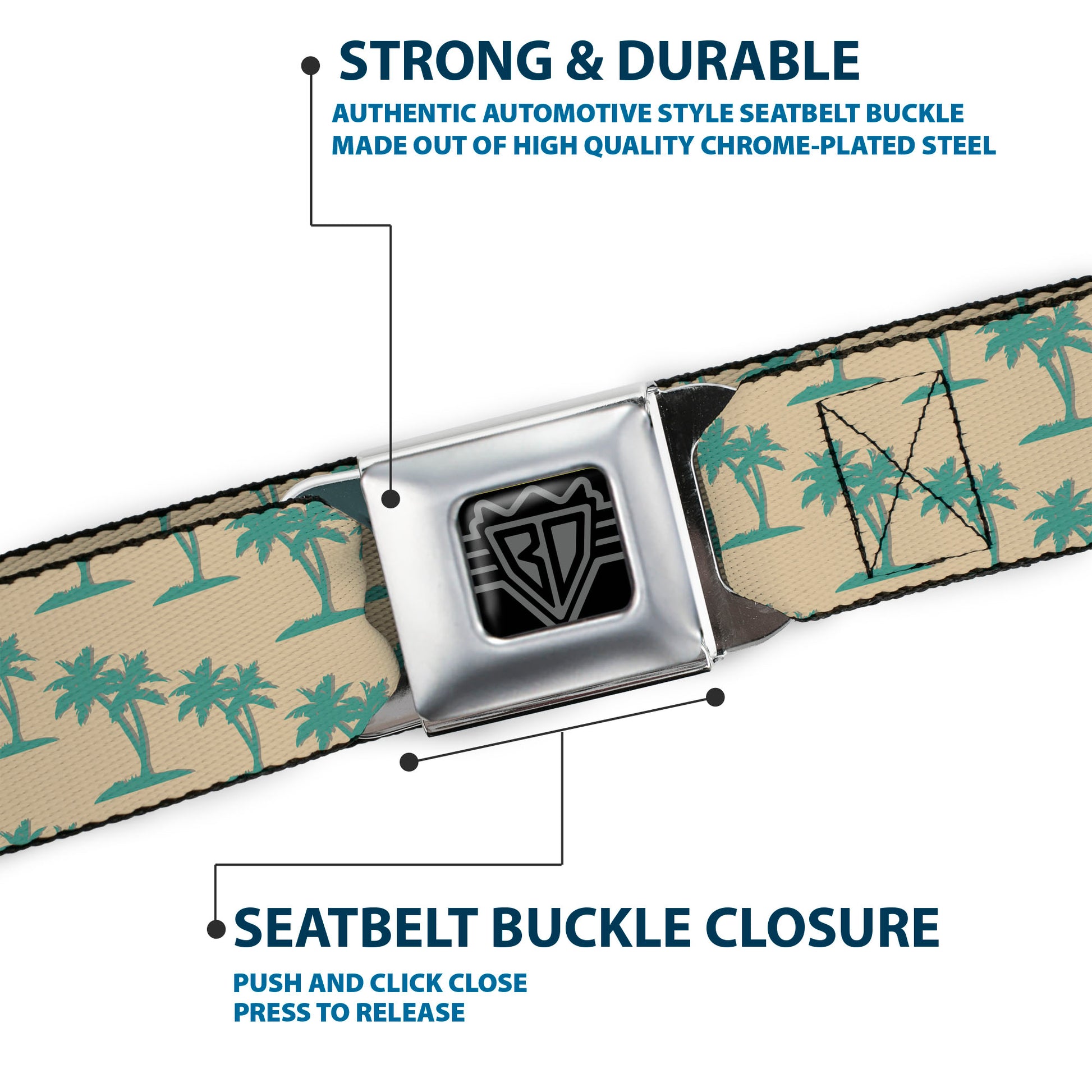 BD Wings Logo CLOSE-UP Black/Silver Seatbelt Belt - Palm Trees Silhouette Monogram Tan/Turquoise Webbing Seatbelt Belts Buckle-Down