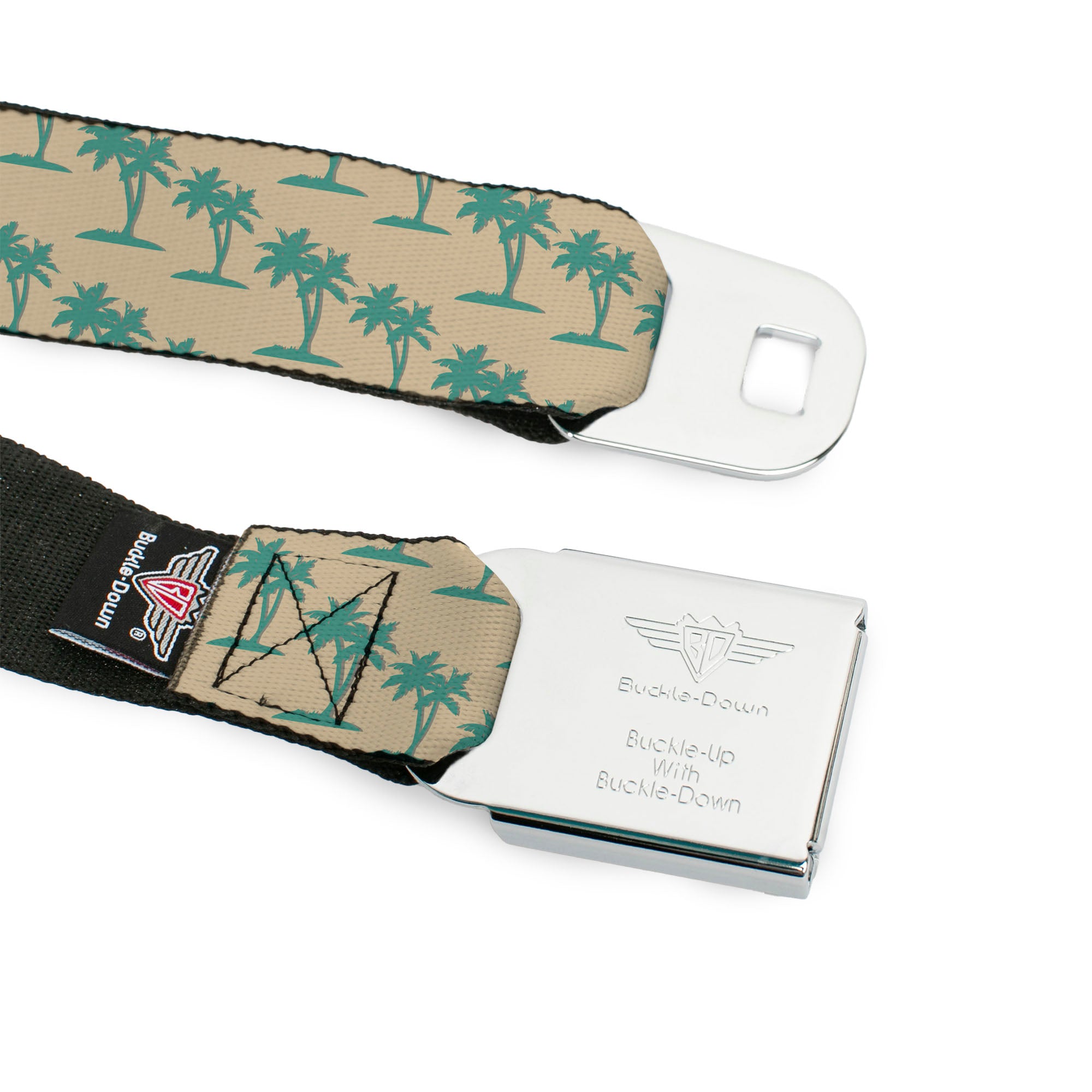BD Wings Logo CLOSE-UP Black/Silver Seatbelt Belt - Palm Trees Silhouette Monogram Tan/Turquoise Webbing Seatbelt Belts Buckle-Down