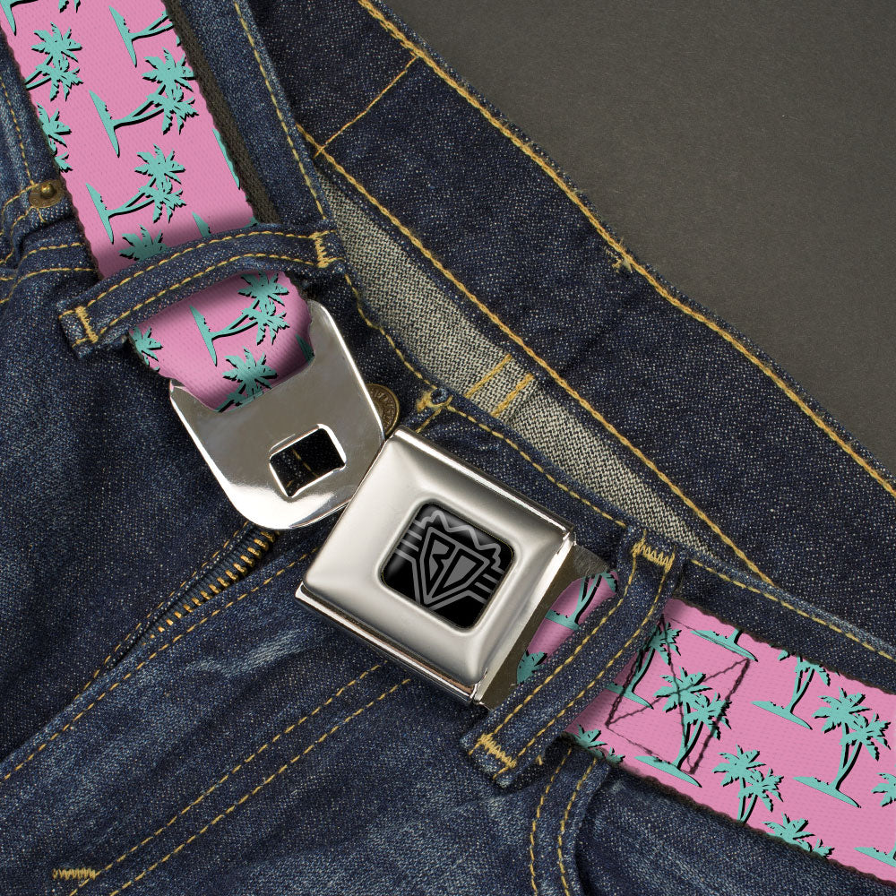 BD Wings Logo CLOSE-UP Black/Silver Seatbelt Belt - Palm Trees Silhouette Monogram Pink/Turquoise Webbing Seatbelt Belts Buckle-Down