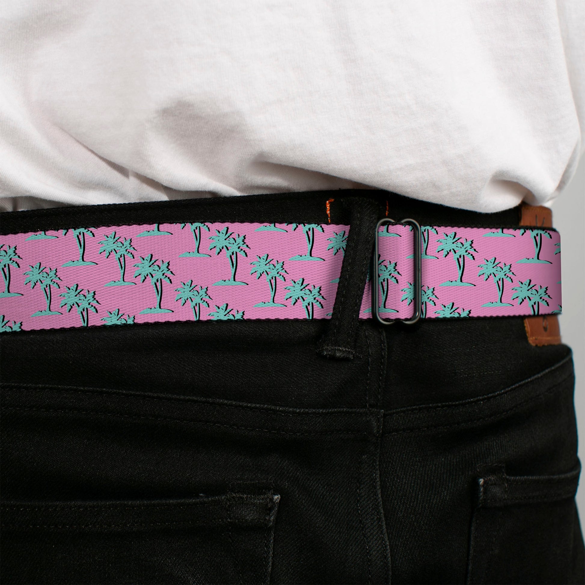BD Wings Logo CLOSE-UP Black/Silver Seatbelt Belt - Palm Trees Silhouette Monogram Pink/Turquoise Webbing Seatbelt Belts Buckle-Down