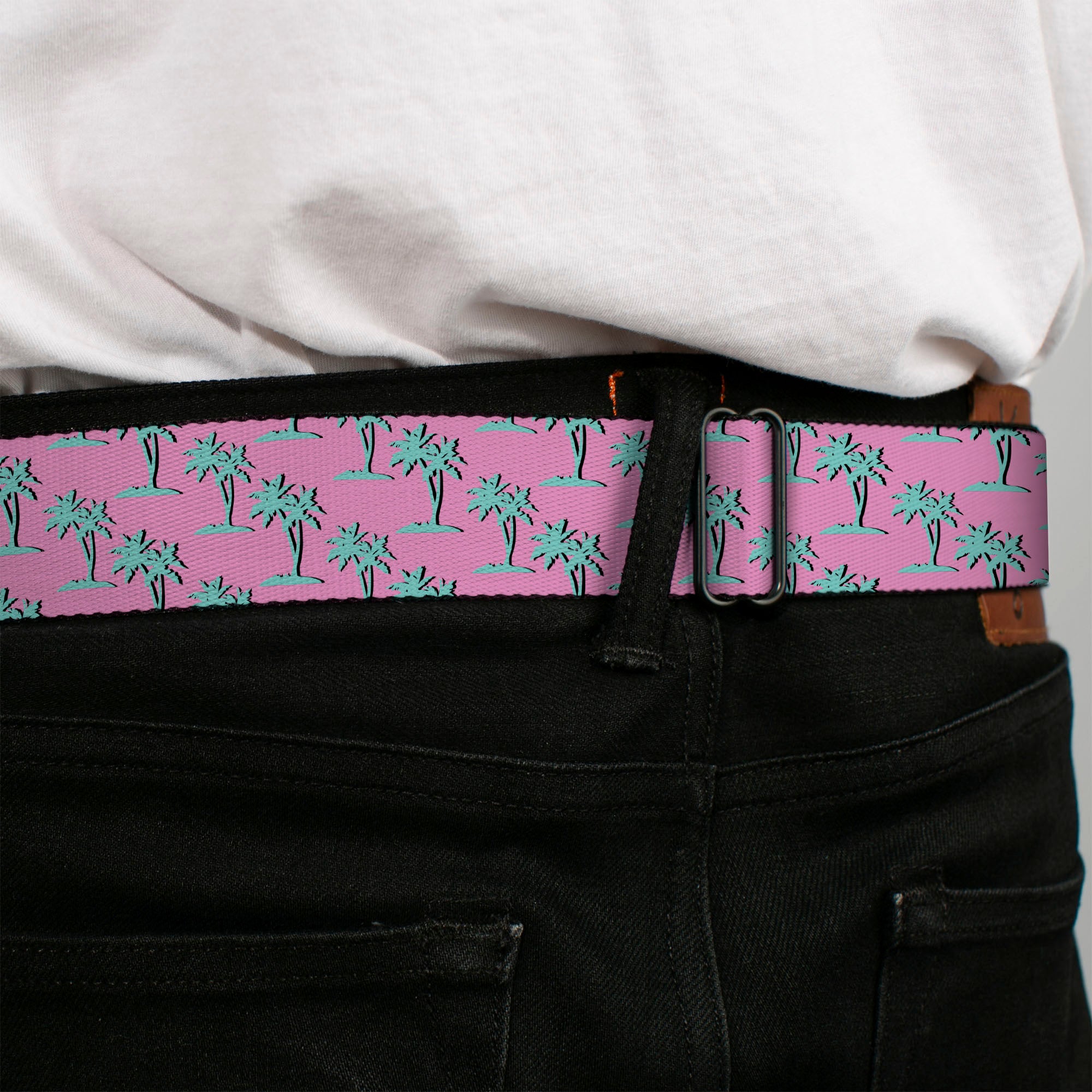 BD Wings Logo CLOSE-UP Black/Silver Seatbelt Belt - Palm Trees Silhouette Monogram Pink/Turquoise Webbing Seatbelt Belts Buckle-Down