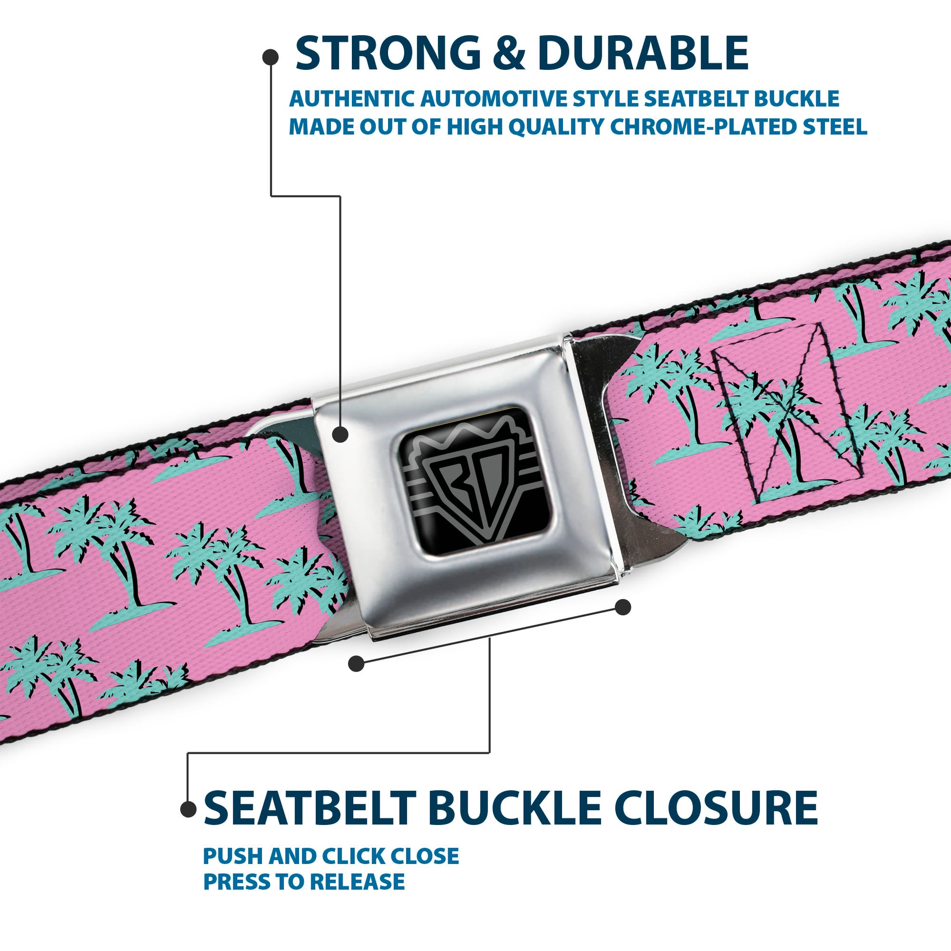 BD Wings Logo CLOSE-UP Black/Silver Seatbelt Belt - Palm Trees Silhouette Monogram Pink/Turquoise Webbing Seatbelt Belts Buckle-Down