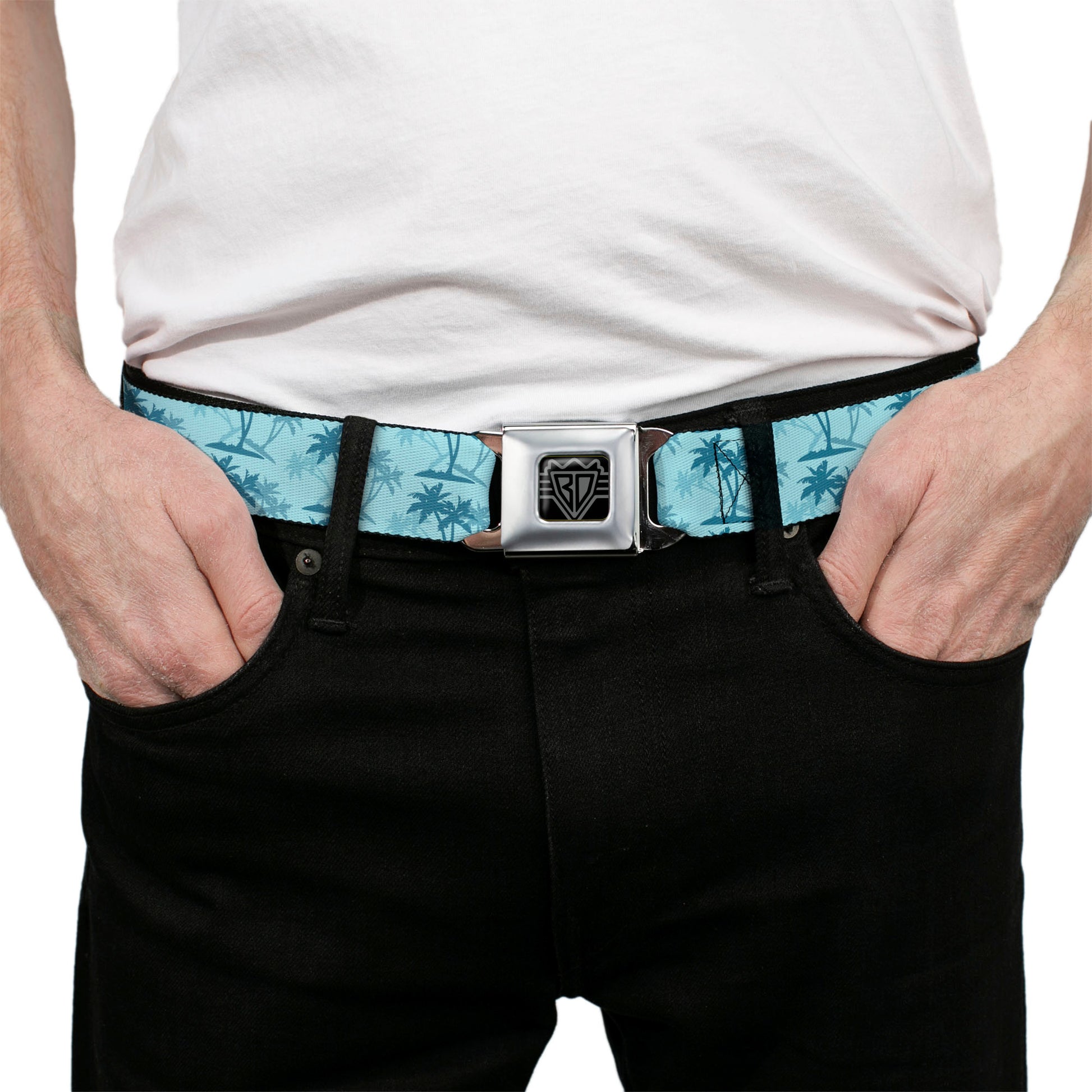 BD Wings Logo CLOSE-UP Black/Silver Seatbelt Belt - Palm Trees Silhouette Scattered Blues Webbing Seatbelt Belts Buckle-Down