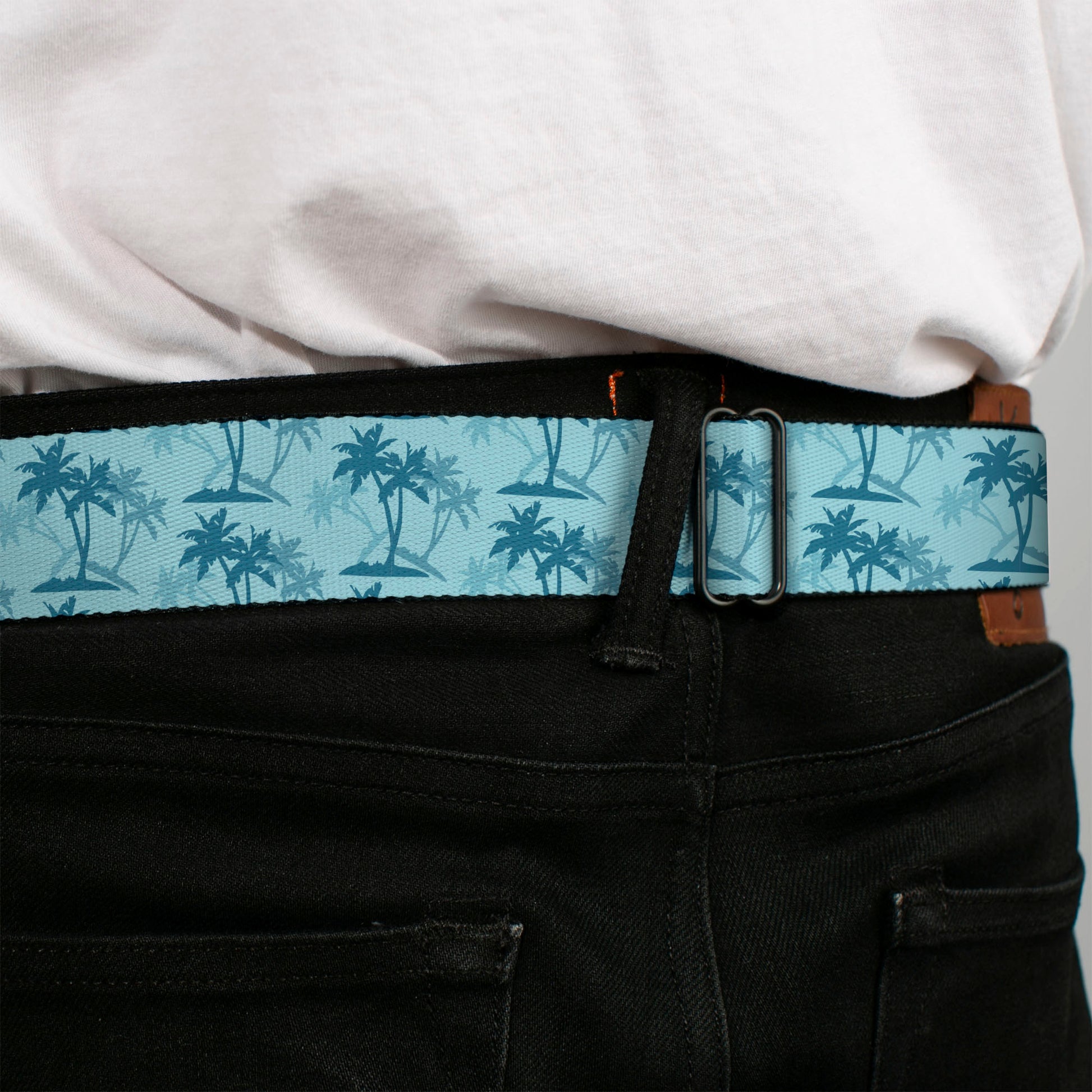 BD Wings Logo CLOSE-UP Black/Silver Seatbelt Belt - Palm Trees Silhouette Scattered Blues Webbing Seatbelt Belts Buckle-Down
