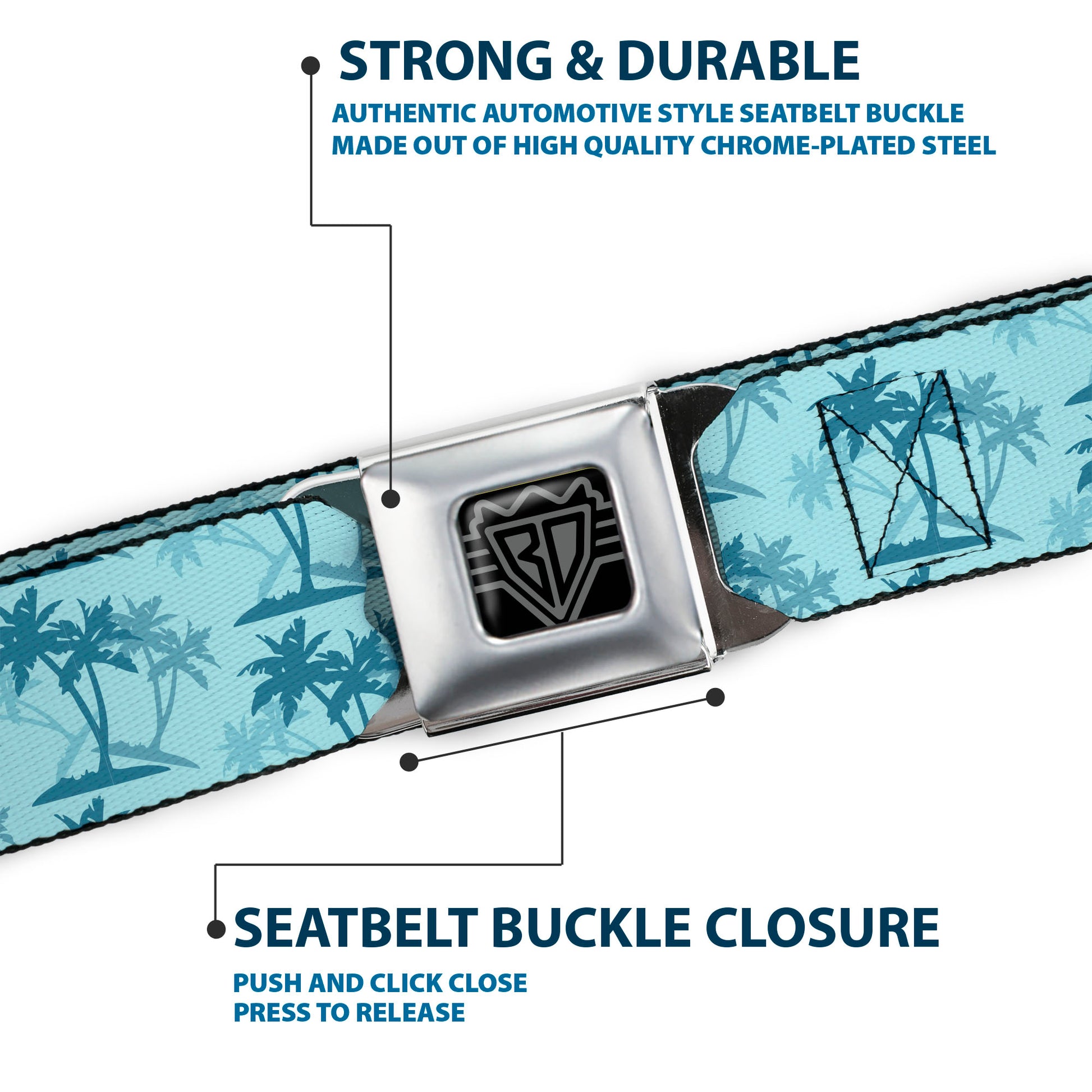 BD Wings Logo CLOSE-UP Black/Silver Seatbelt Belt - Palm Trees Silhouette Scattered Blues Webbing Seatbelt Belts Buckle-Down