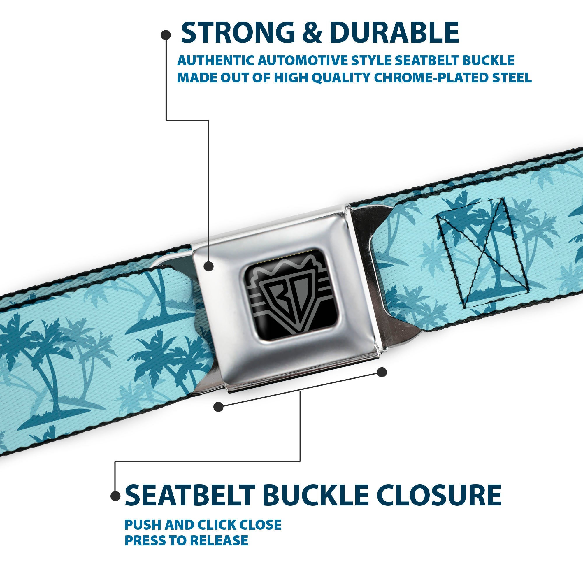 BD Wings Logo CLOSE-UP Black/Silver Seatbelt Belt - Palm Trees Silhouette Scattered Blues Webbing Seatbelt Belts Buckle-Down