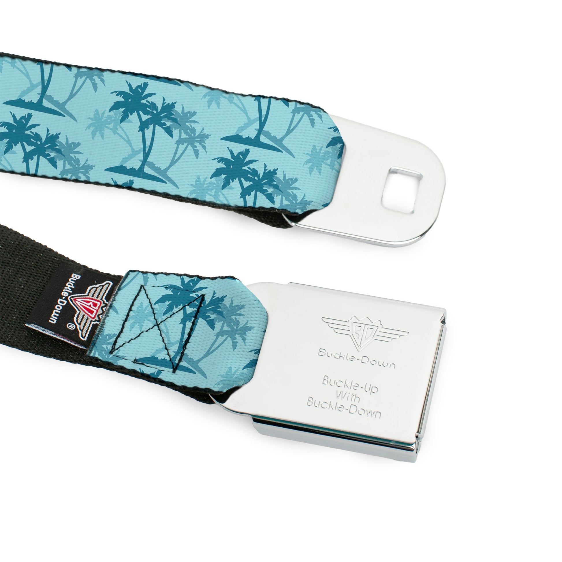 BD Wings Logo CLOSE-UP Black/Silver Seatbelt Belt - Palm Trees Silhouette Scattered Blues Webbing Seatbelt Belts Buckle-Down
