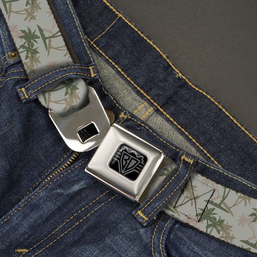 BD Wings Logo CLOSE-UP Black/Silver Seatbelt Belt - Palm Trees Silhouette Scattered Tan/Browns Webbing Seatbelt Belts Buckle-Down