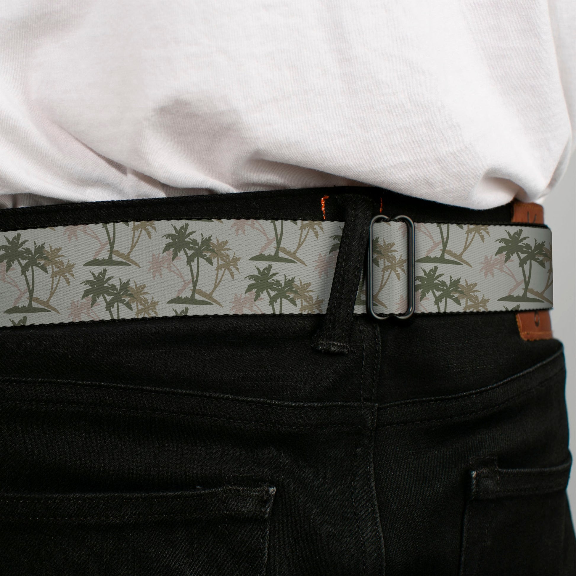 BD Wings Logo CLOSE-UP Black/Silver Seatbelt Belt - Palm Trees Silhouette Scattered Tan/Browns Webbing Seatbelt Belts Buckle-Down