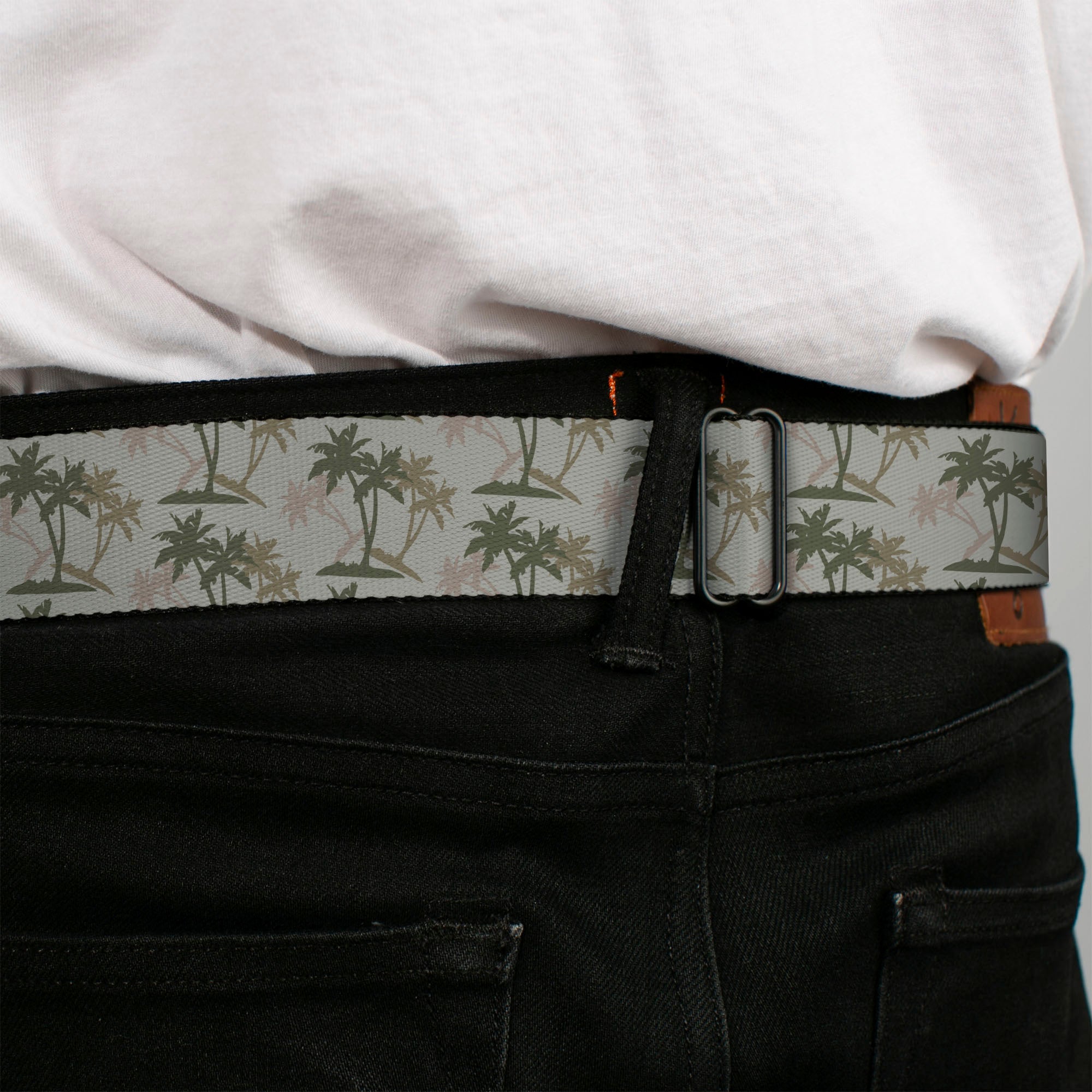 BD Wings Logo CLOSE-UP Black/Silver Seatbelt Belt - Palm Trees Silhouette Scattered Tan/Browns Webbing Seatbelt Belts Buckle-Down