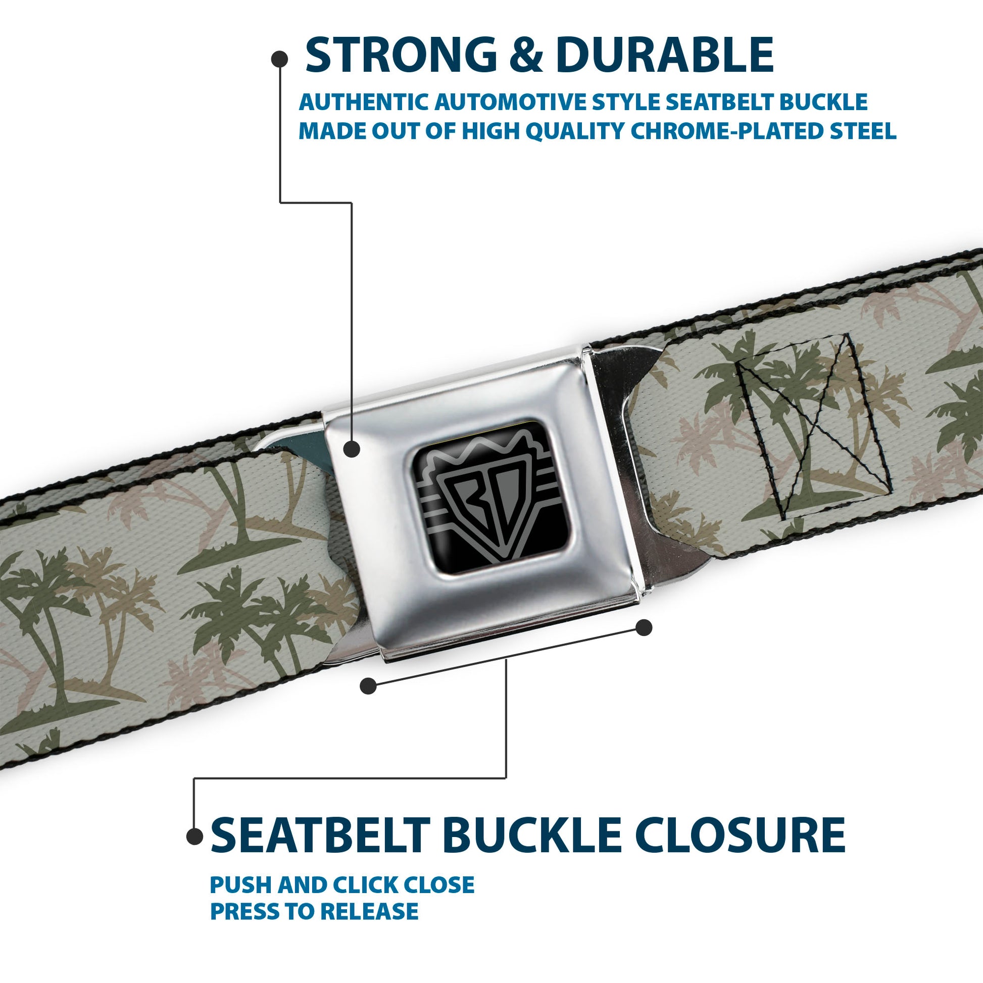 BD Wings Logo CLOSE-UP Black/Silver Seatbelt Belt - Palm Trees Silhouette Scattered Tan/Browns Webbing Seatbelt Belts Buckle-Down