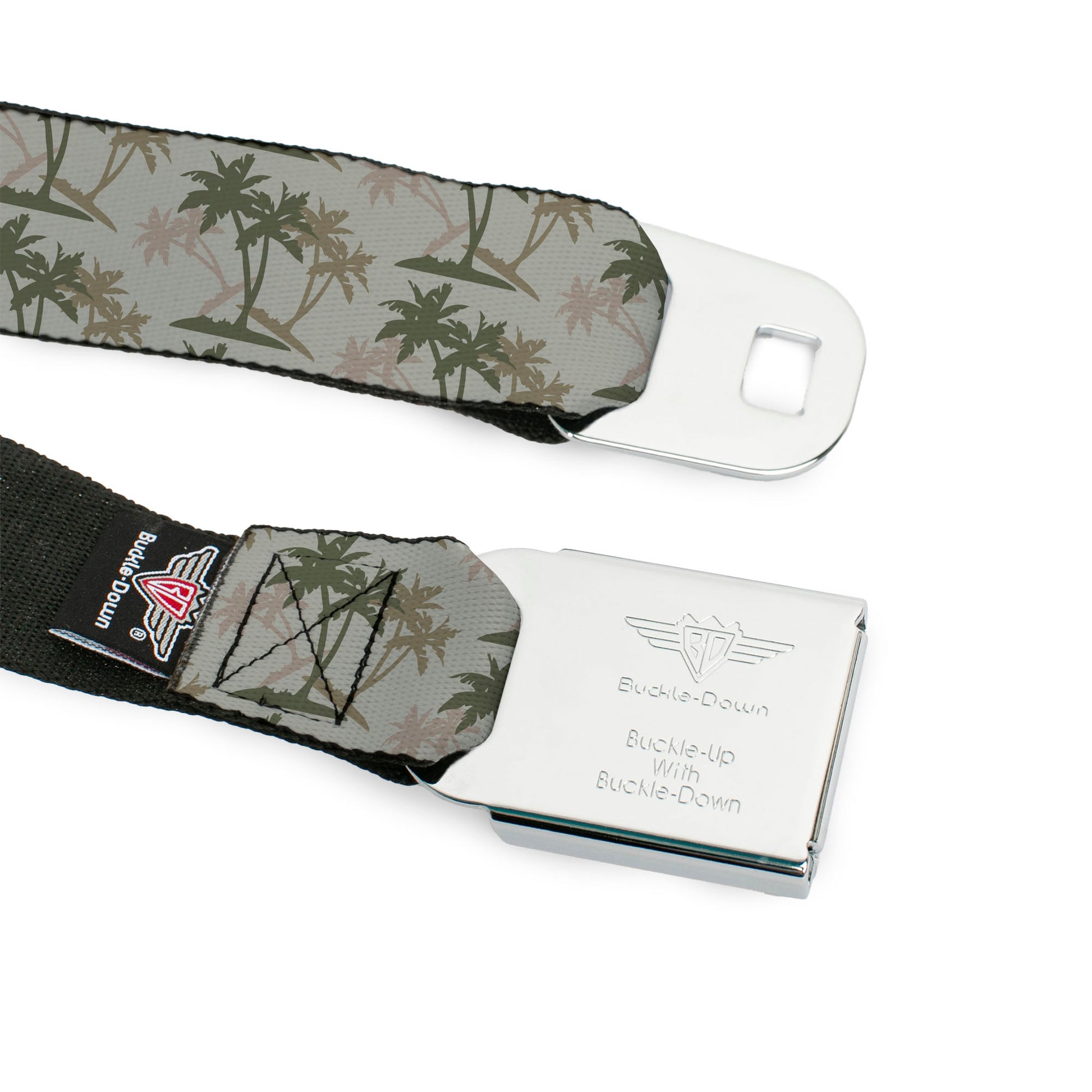 BD Wings Logo CLOSE-UP Black/Silver Seatbelt Belt - Palm Trees Silhouette Scattered Tan/Browns Webbing Seatbelt Belts Buckle-Down