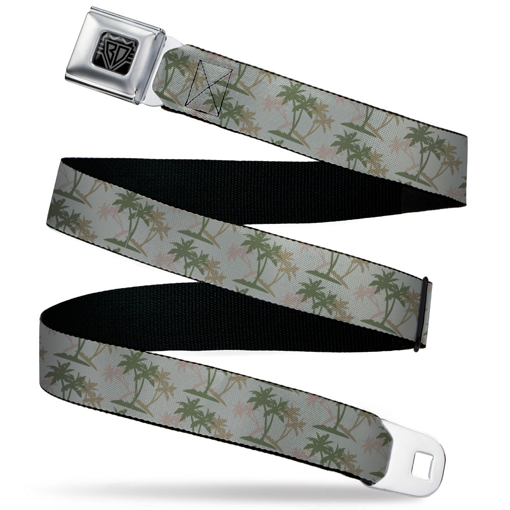 BD Wings Logo CLOSE-UP Black/Silver Seatbelt Belt - Palm Trees Silhouette Scattered Tan/Browns Webbing Seatbelt Belts Buckle-Down