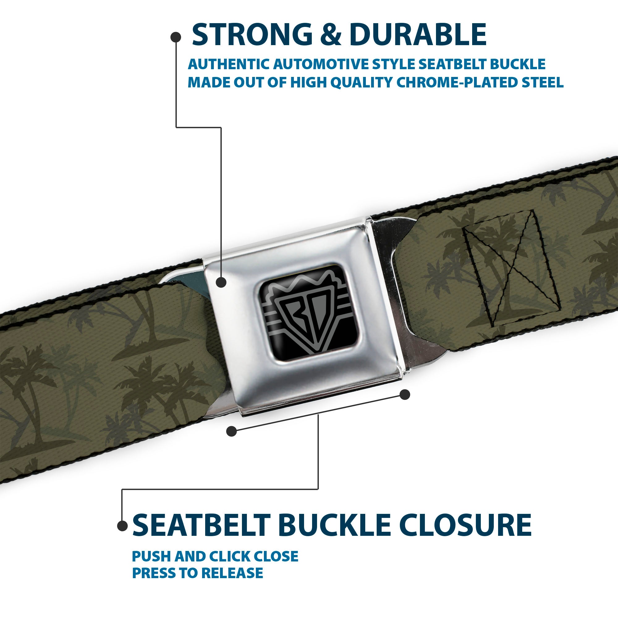 BD Wings Logo CLOSE-UP Black/Silver Seatbelt Belt - Palm Trees Silhouette Scattered Grays Webbing Seatbelt Belts Buckle-Down