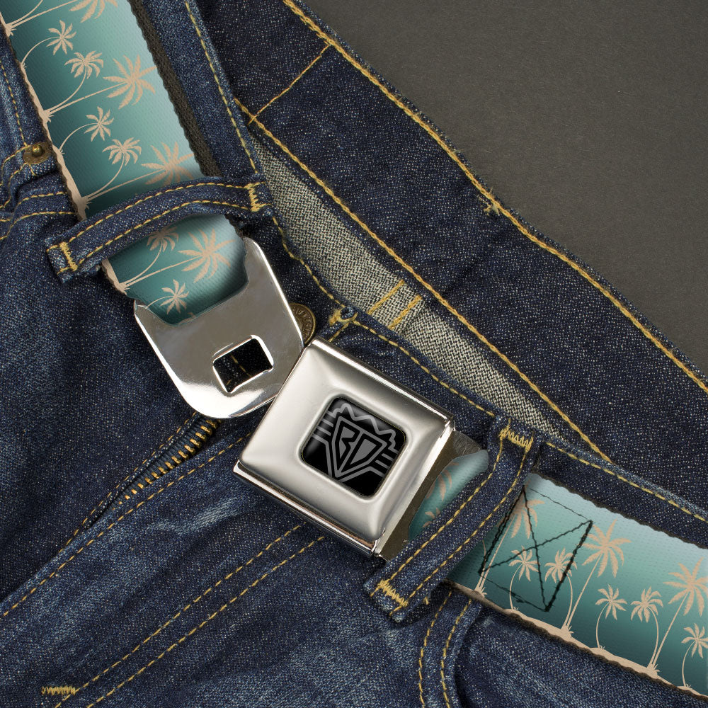 BD Wings Logo CLOSE-UP Black/Silver Seatbelt Belt - Palm Treeline Silhouette Aqua Fade/Tan Webbing Seatbelt Belts Buckle-Down