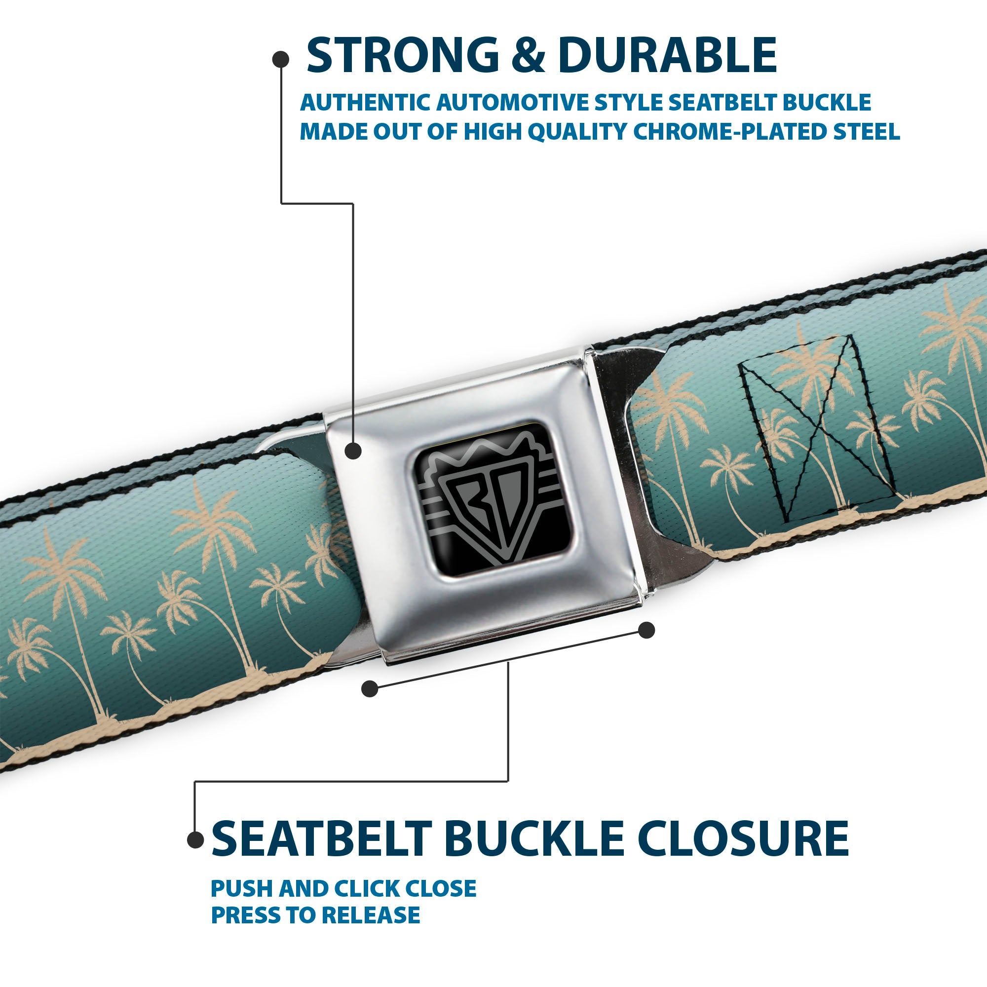 BD Wings Logo CLOSE-UP Black/Silver Seatbelt Belt - Palm Treeline Silhouette Aqua Fade/Tan Webbing Seatbelt Belts Buckle-Down