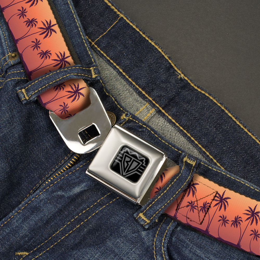 BD Wings Logo CLOSE-UP Black/Silver Seatbelt Belt - Palm Treeline Silhouette Sunset Fade/Purple Webbing Seatbelt Belts Buckle-Down