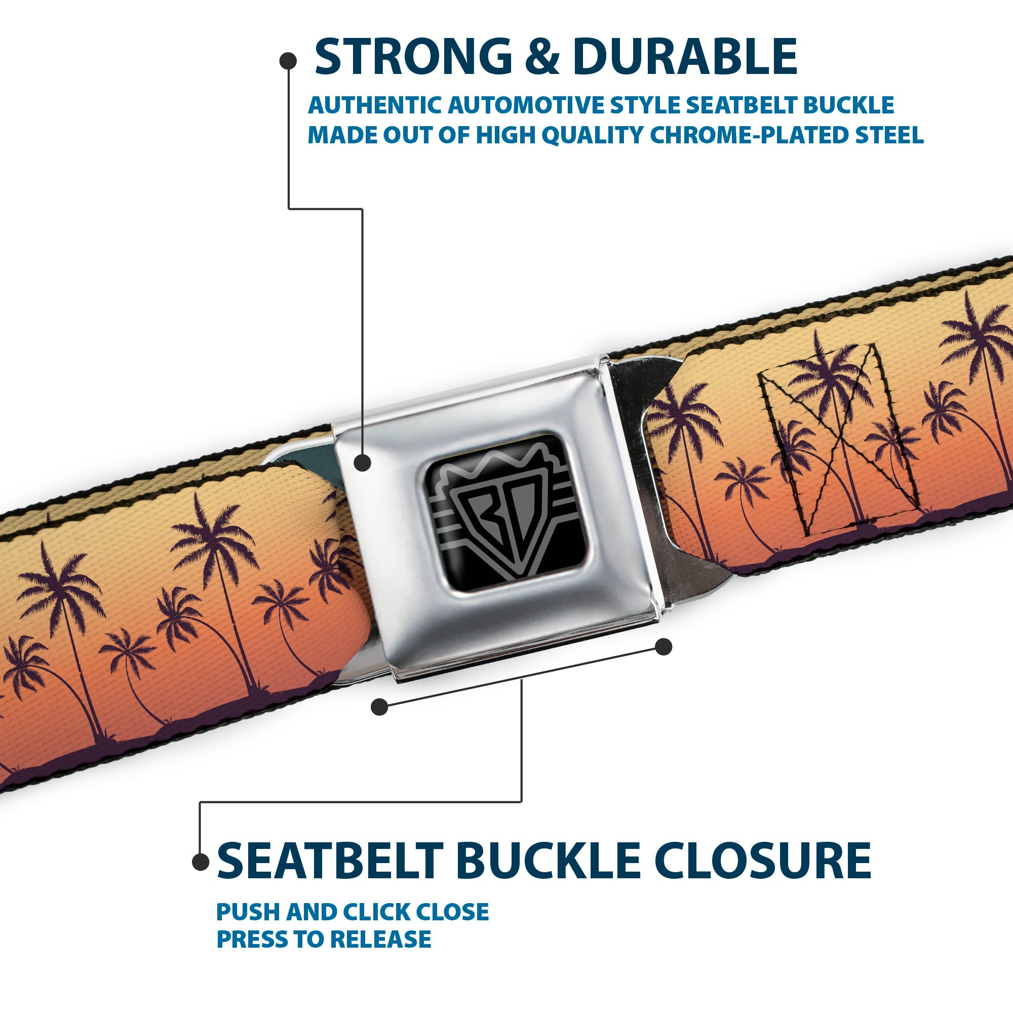 BD Wings Logo CLOSE-UP Black/Silver Seatbelt Belt - Palm Treeline Silhouette Sunset Fade/Purple Webbing Seatbelt Belts Buckle-Down