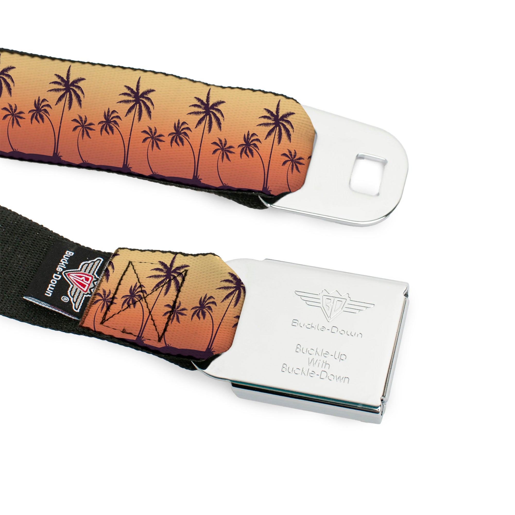 BD Wings Logo CLOSE-UP Black/Silver Seatbelt Belt - Palm Treeline Silhouette Sunset Fade/Purple Webbing Seatbelt Belts Buckle-Down