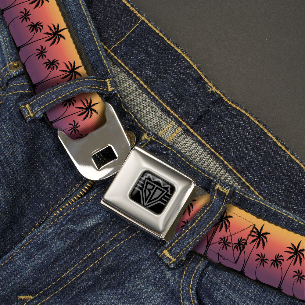 BD Wings Logo CLOSE-UP Black/Silver Seatbelt Belt - Palm Treeline Silhouette Sunset Fade/Black Webbing Seatbelt Belts Buckle-Down