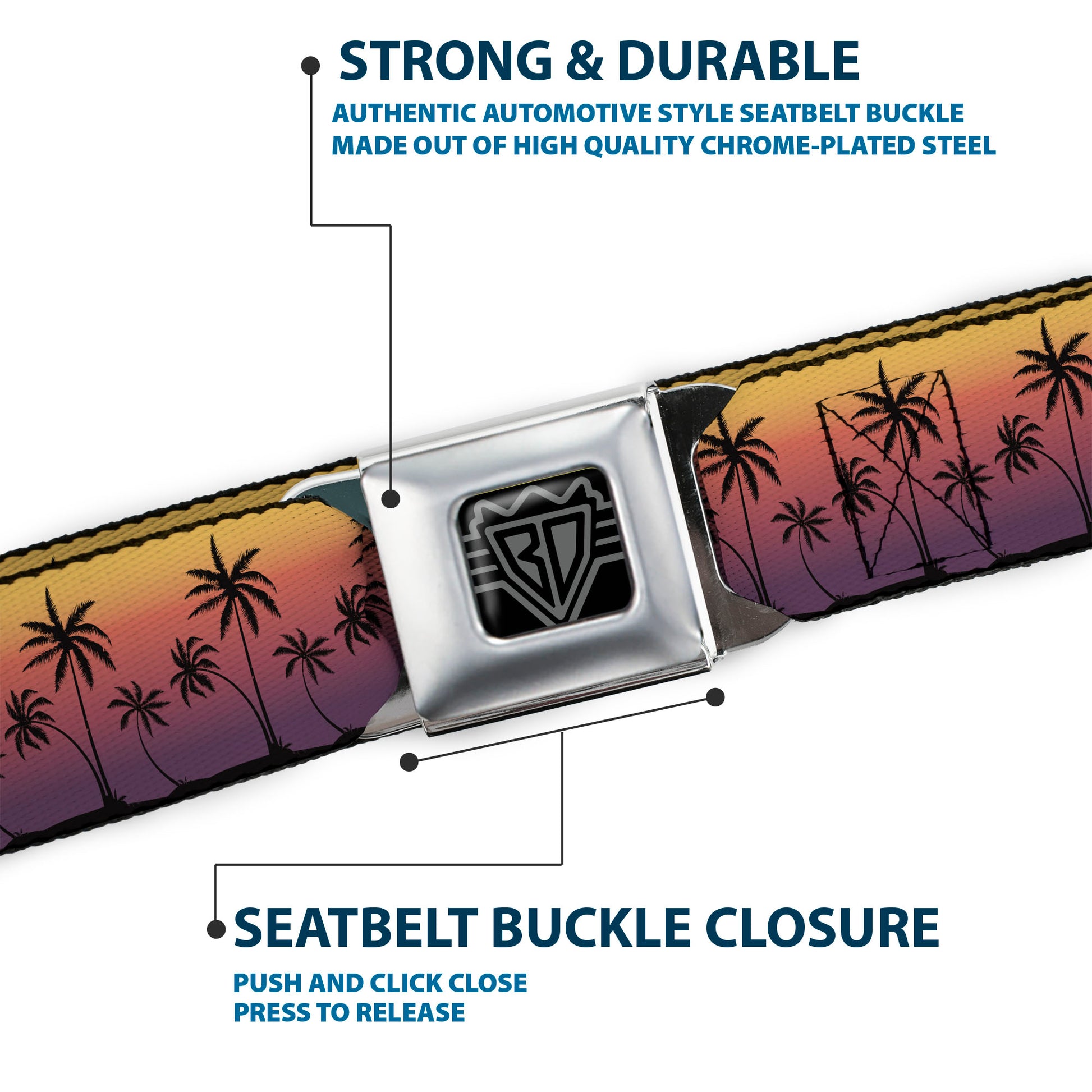 BD Wings Logo CLOSE-UP Black/Silver Seatbelt Belt - Palm Treeline Silhouette Sunset Fade/Black Webbing Seatbelt Belts Buckle-Down