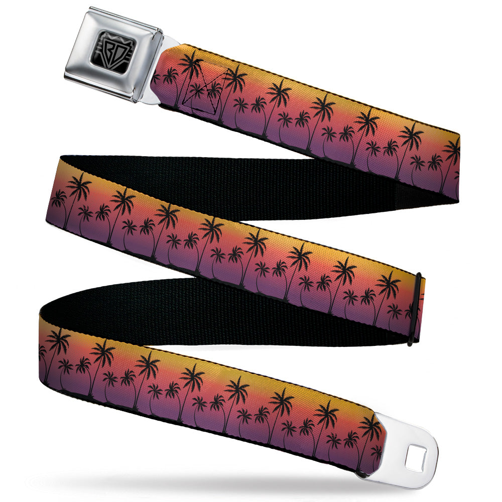 BD Wings Logo CLOSE-UP Black/Silver Seatbelt Belt - Palm Treeline Silhouette Sunset Fade/Black Webbing Seatbelt Belts Buckle-Down