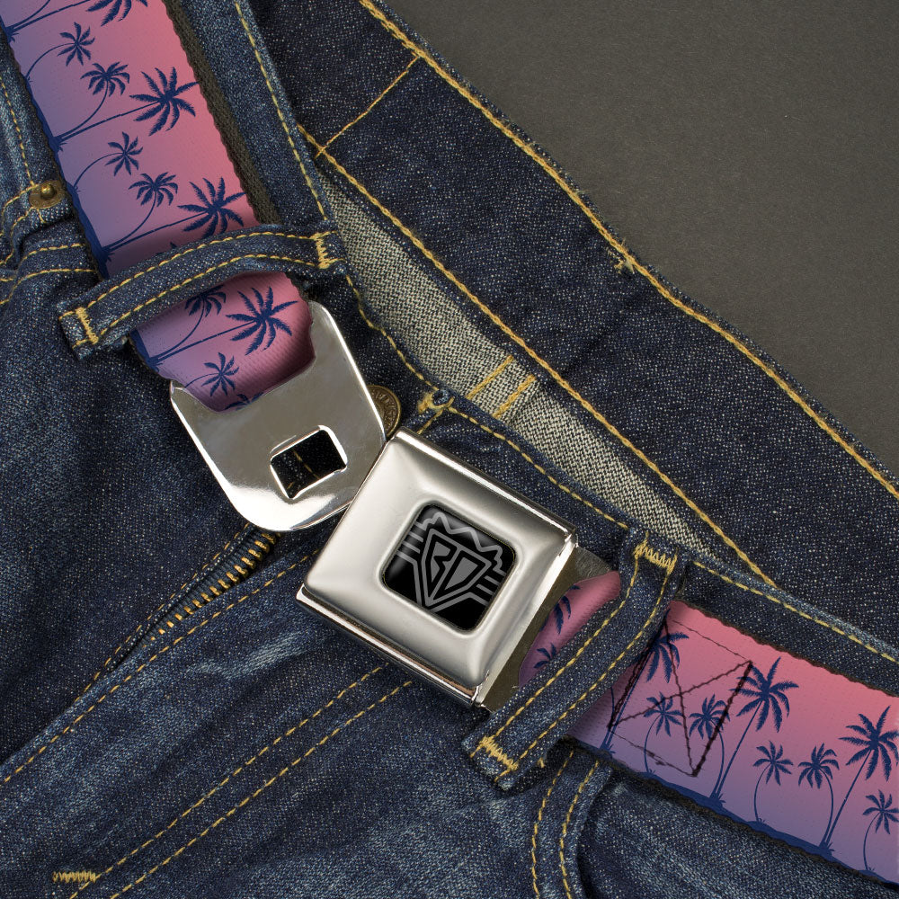 BD Wings Logo CLOSE-UP Black/Silver Seatbelt Belt - Palm Treeline Silhouette Pink Fade/Purple Webbing Seatbelt Belts Buckle-Down