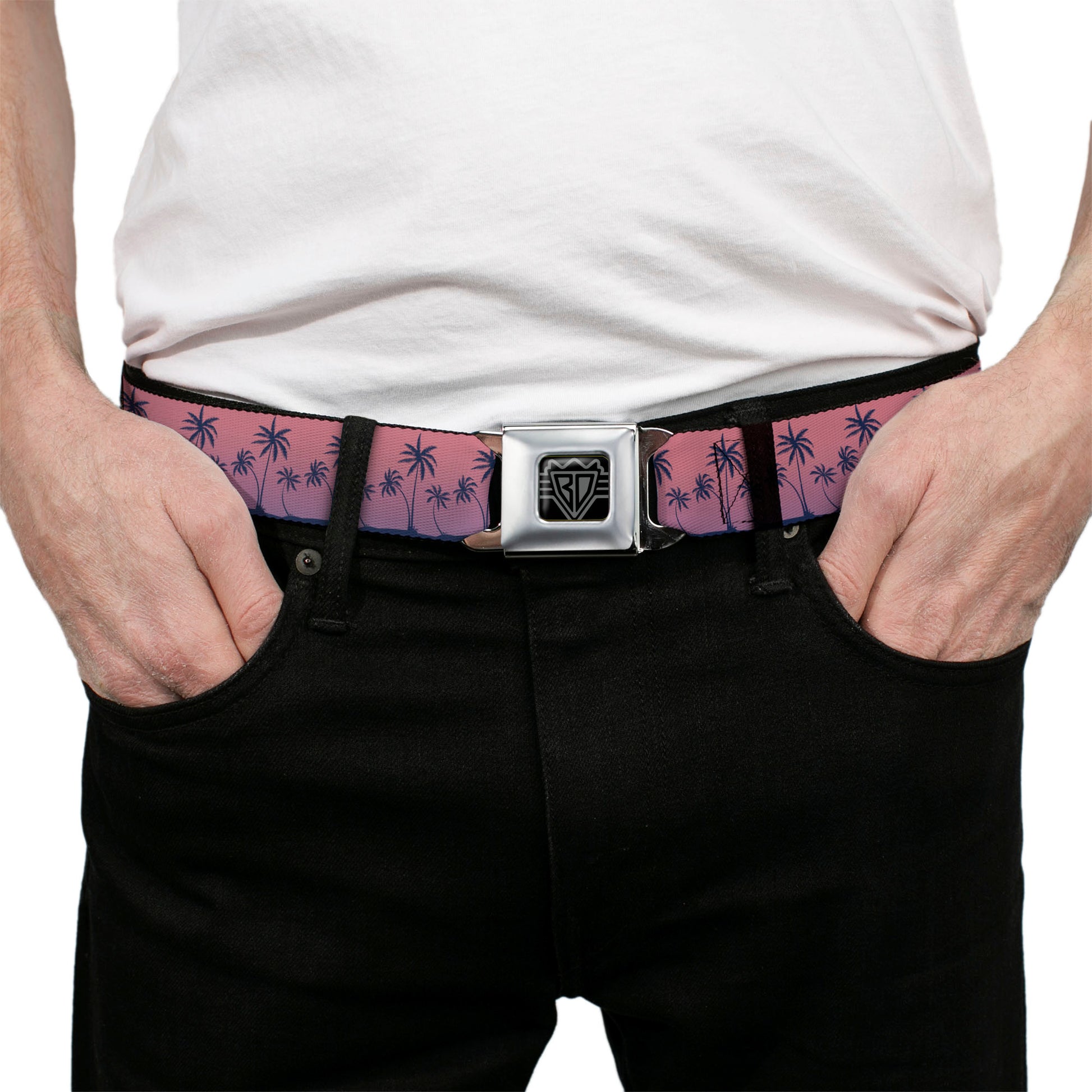 BD Wings Logo CLOSE-UP Black/Silver Seatbelt Belt - Palm Treeline Silhouette Pink Fade/Purple Webbing Seatbelt Belts Buckle-Down