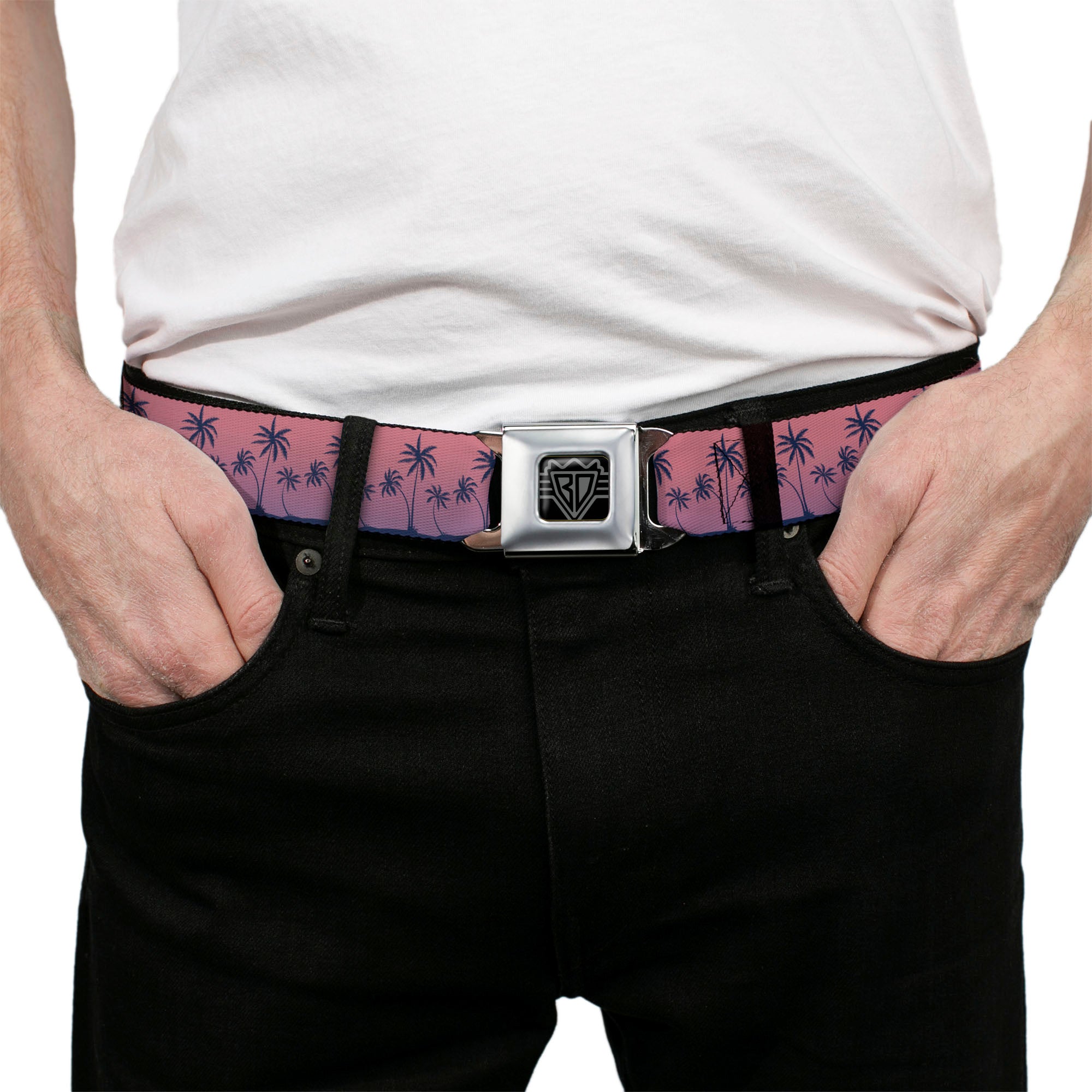 BD Wings Logo CLOSE-UP Black/Silver Seatbelt Belt - Palm Treeline Silhouette Pink Fade/Purple Webbing Seatbelt Belts Buckle-Down