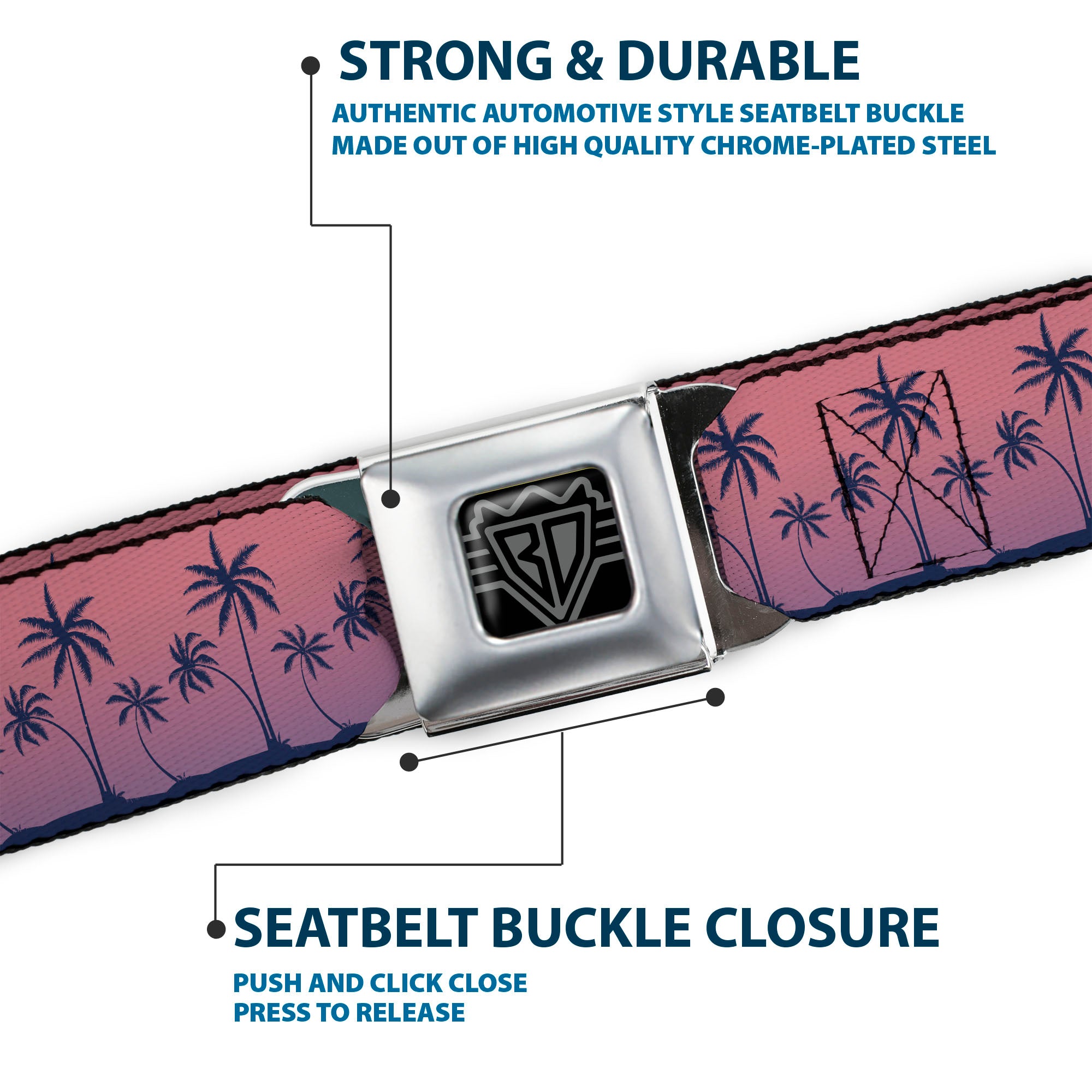BD Wings Logo CLOSE-UP Black/Silver Seatbelt Belt - Palm Treeline Silhouette Pink Fade/Purple Webbing Seatbelt Belts Buckle-Down