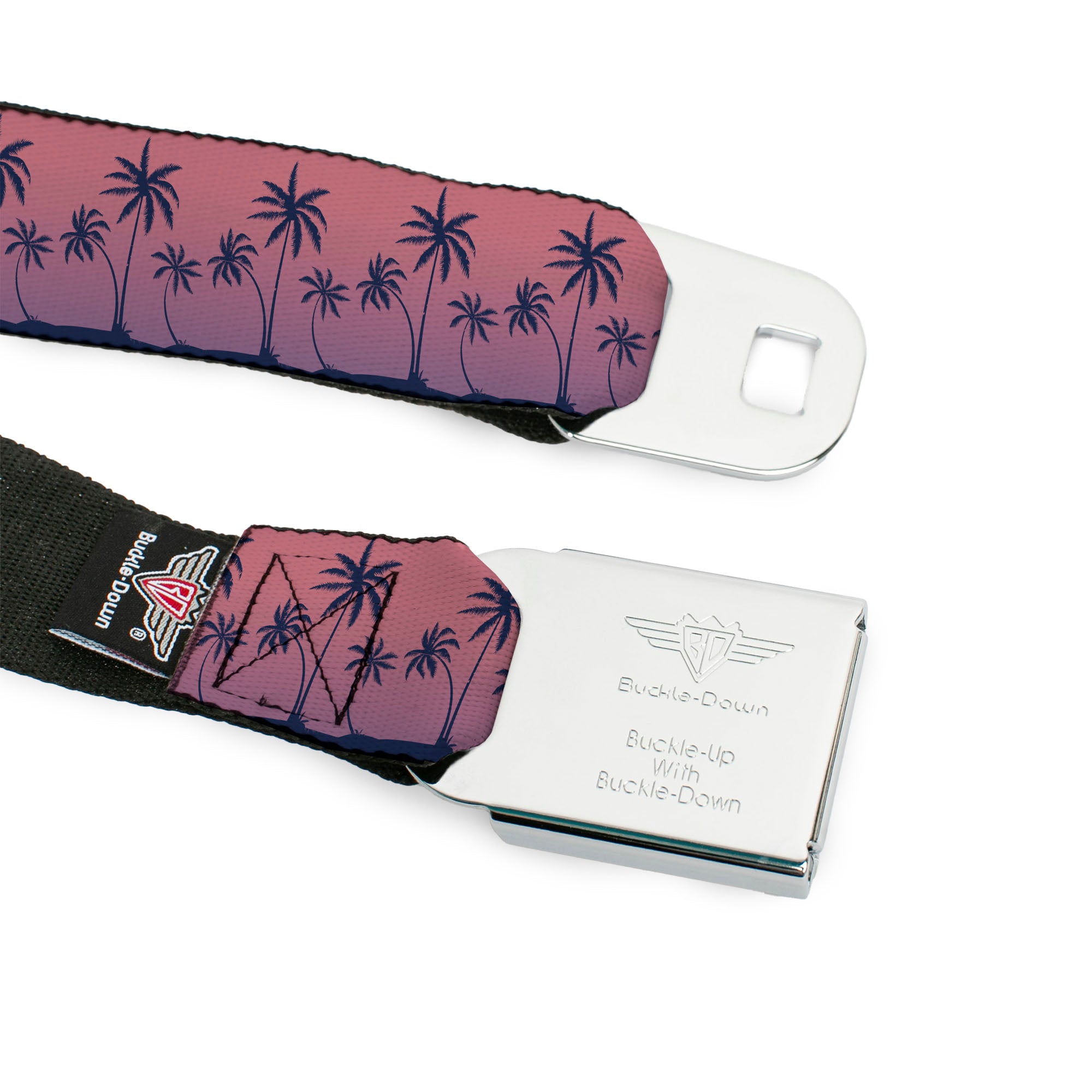 BD Wings Logo CLOSE-UP Black/Silver Seatbelt Belt - Palm Treeline Silhouette Pink Fade/Purple Webbing Seatbelt Belts Buckle-Down