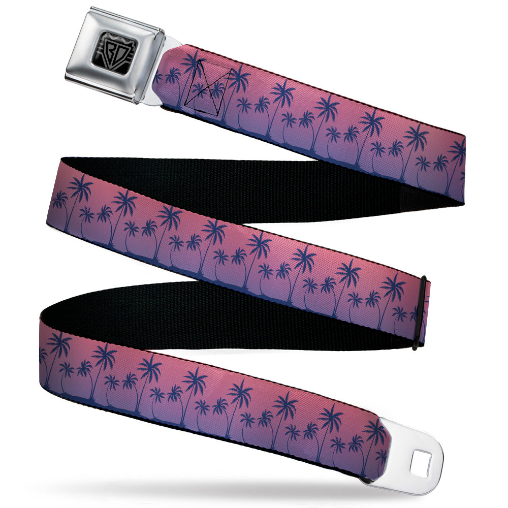 BD Wings Logo CLOSE-UP Black/Silver Seatbelt Belt - Palm Treeline Silhouette Pink Fade/Purple Webbing Seatbelt Belts Buckle-Down