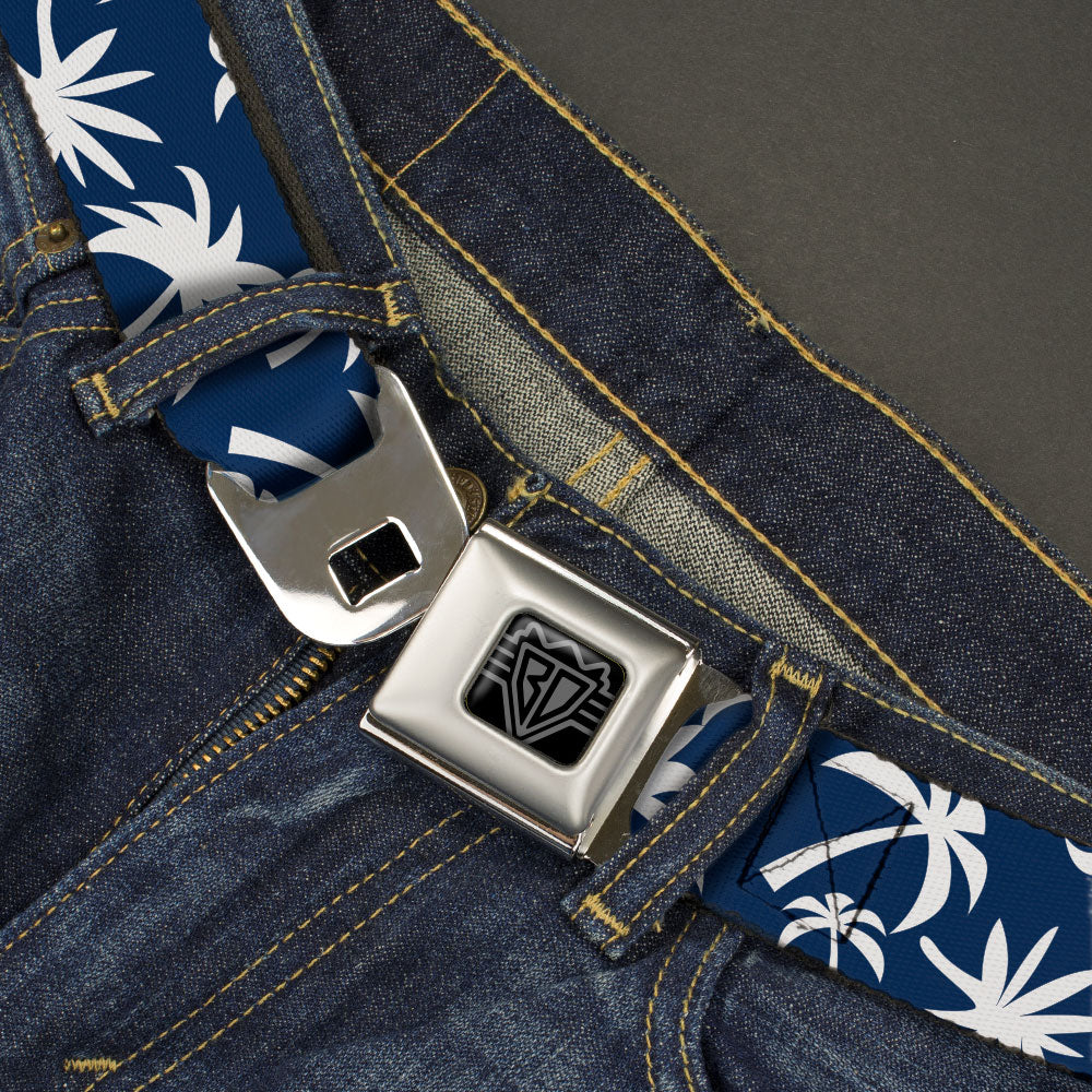 BD Wings Logo CLOSE-UP Black/Silver Seatbelt Belt - Palm Tree Silhouette2 Scattered Navy/White Webbing Seatbelt Belts Buckle-Down