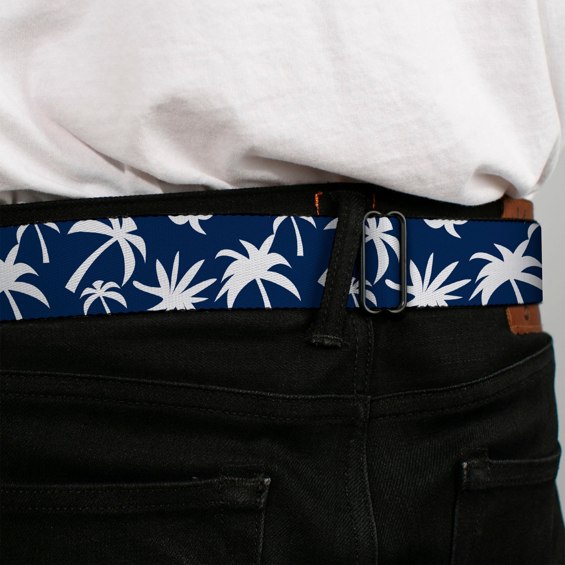 BD Wings Logo CLOSE-UP Black/Silver Seatbelt Belt - Palm Tree Silhouette2 Scattered Navy/White Webbing Seatbelt Belts Buckle-Down