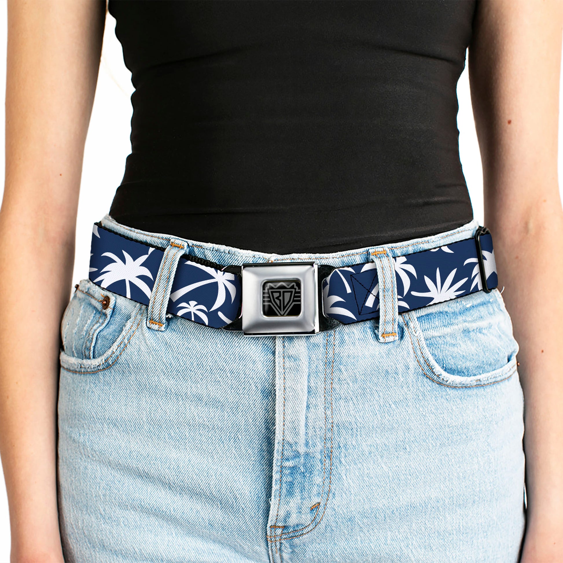 BD Wings Logo CLOSE-UP Black/Silver Seatbelt Belt - Palm Tree Silhouette2 Scattered Navy/White Webbing Seatbelt Belts Buckle-Down