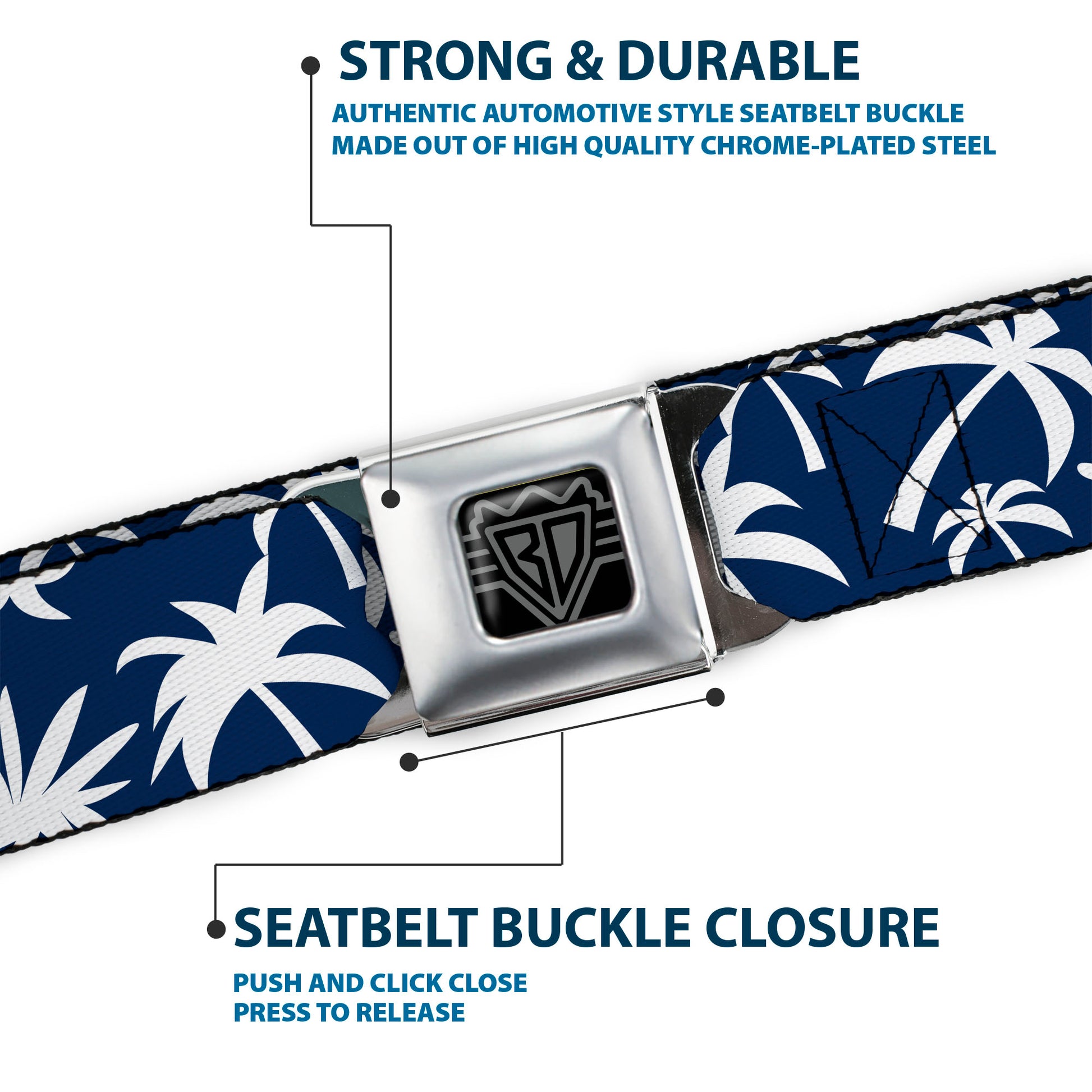 BD Wings Logo CLOSE-UP Black/Silver Seatbelt Belt - Palm Tree Silhouette2 Scattered Navy/White Webbing Seatbelt Belts Buckle-Down