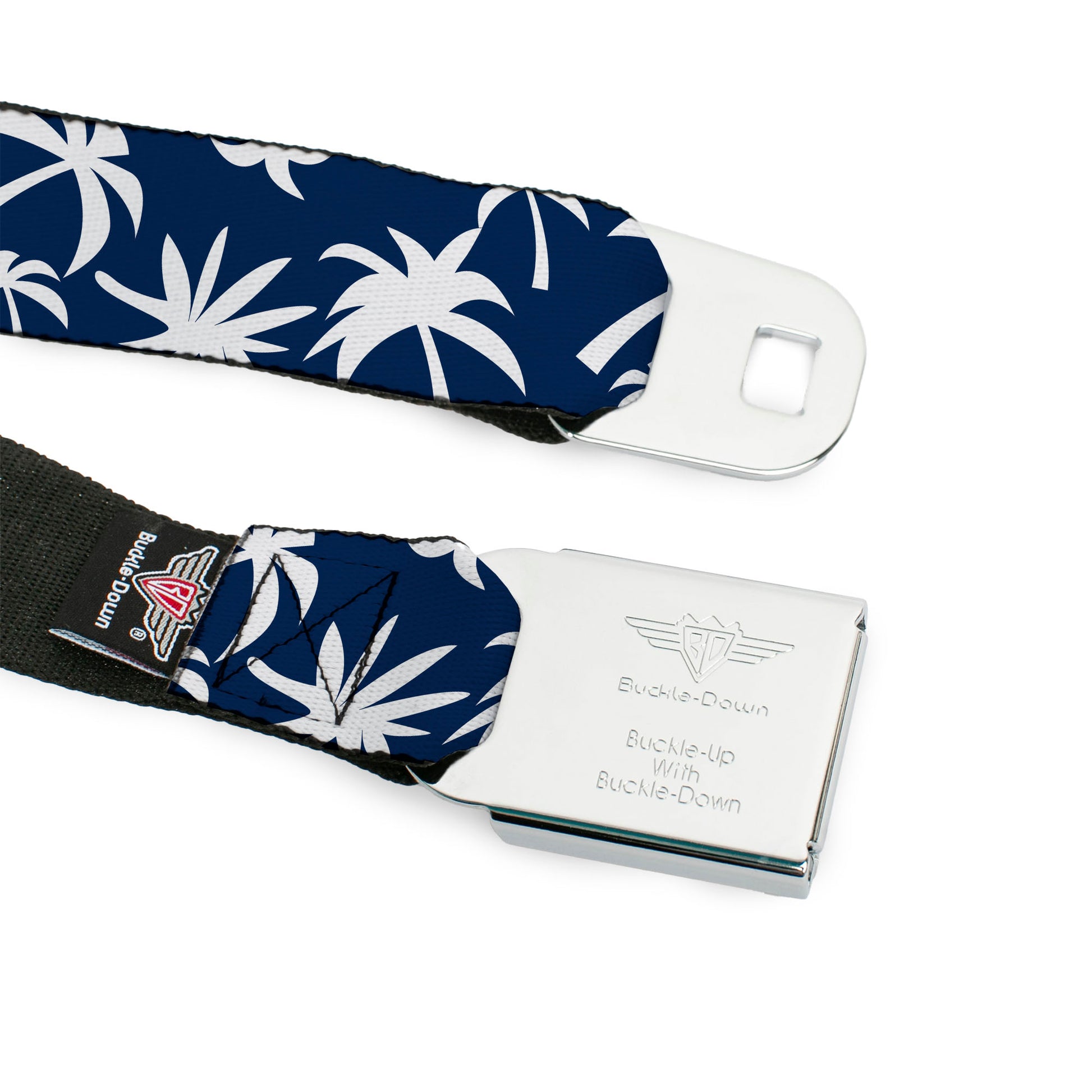BD Wings Logo CLOSE-UP Black/Silver Seatbelt Belt - Palm Tree Silhouette2 Scattered Navy/White Webbing Seatbelt Belts Buckle-Down