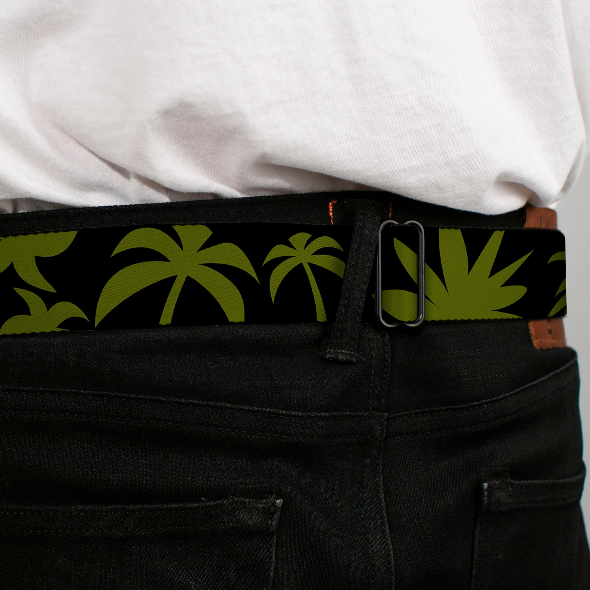 BD Wings Logo CLOSE-UP Black/Silver Seatbelt Belt - Palm Tree Silhouette3 CLOSE-UP Black/Olive Webbing Seatbelt Belts Buckle-Down