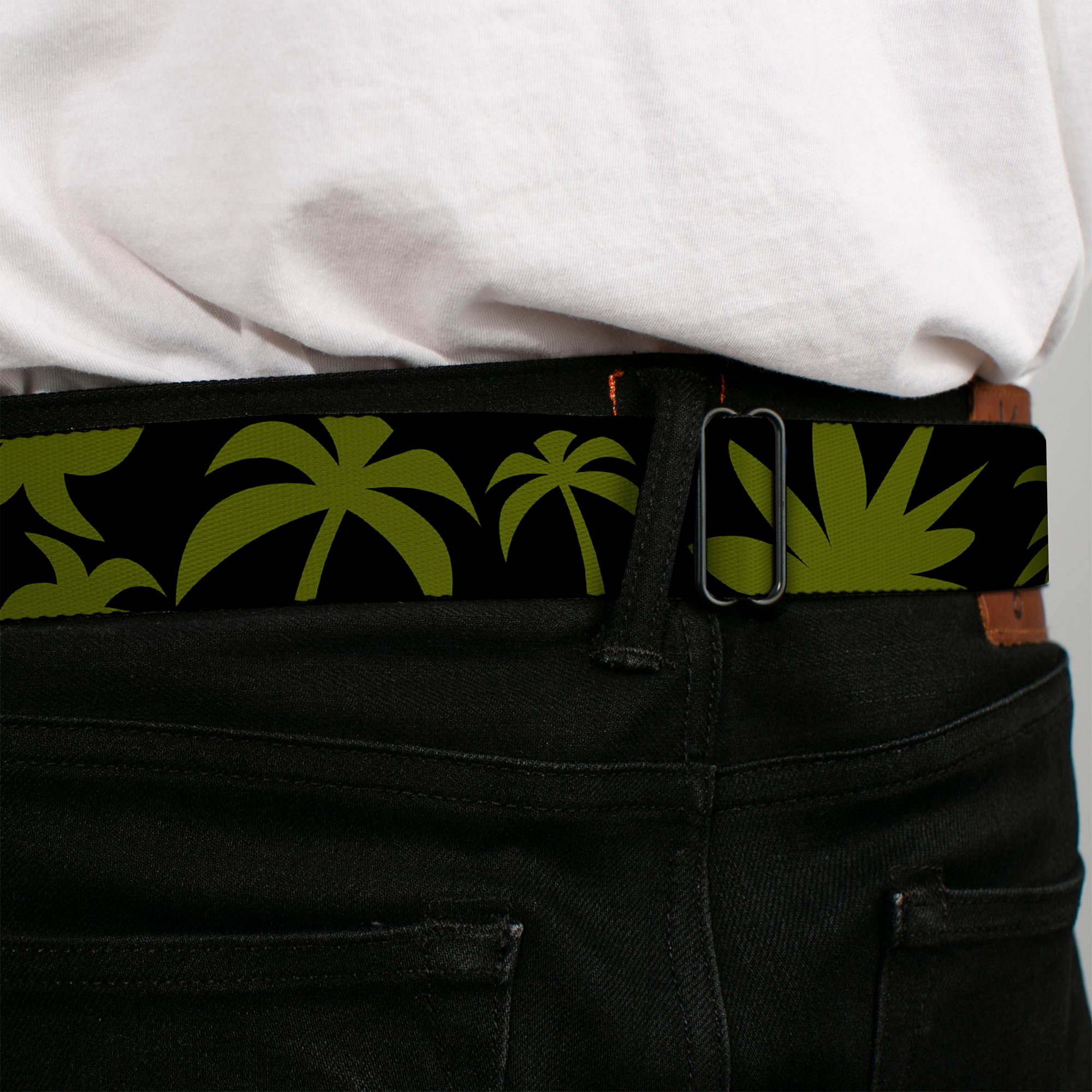 BD Wings Logo CLOSE-UP Black/Silver Seatbelt Belt - Palm Tree Silhouette3 CLOSE-UP Black/Olive Webbing Seatbelt Belts Buckle-Down