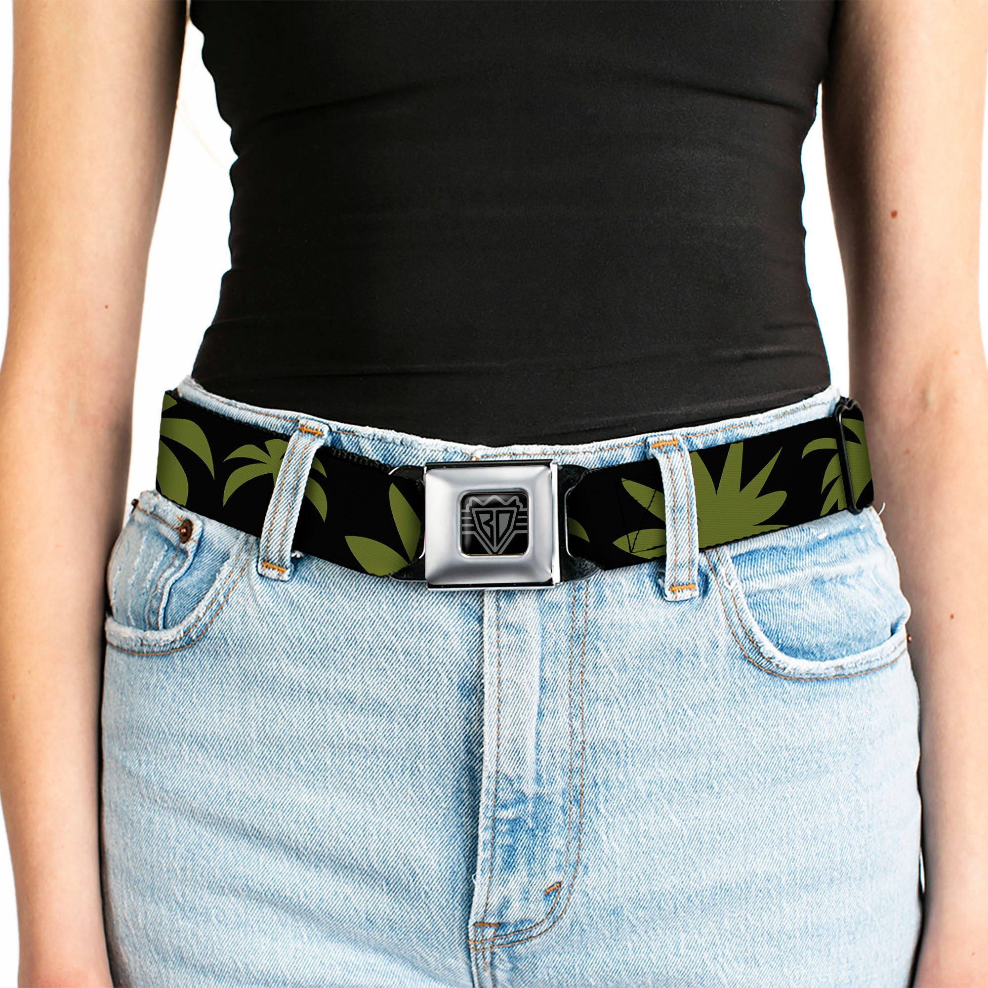 BD Wings Logo CLOSE-UP Black/Silver Seatbelt Belt - Palm Tree Silhouette3 CLOSE-UP Black/Olive Webbing Seatbelt Belts Buckle-Down