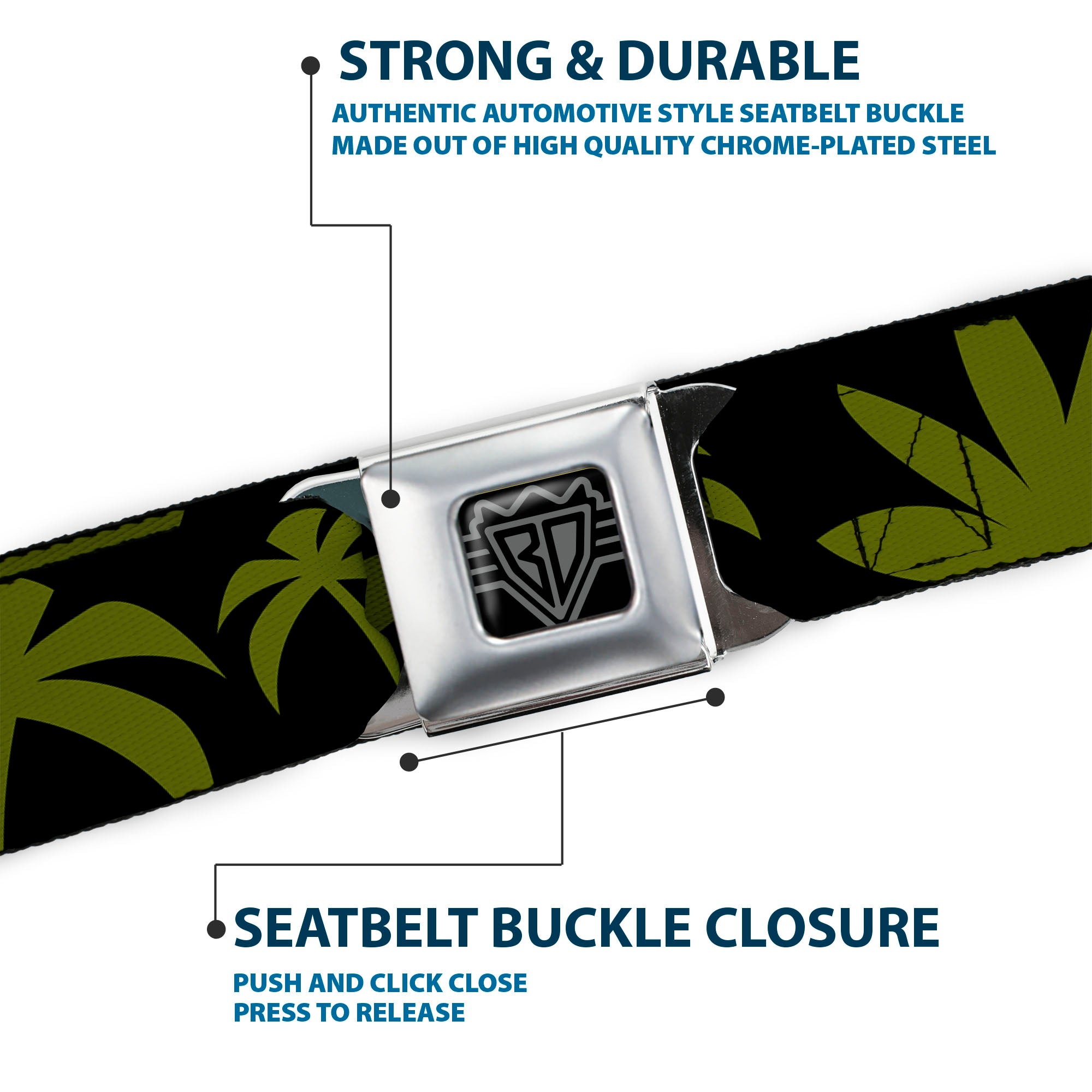 BD Wings Logo CLOSE-UP Black/Silver Seatbelt Belt - Palm Tree Silhouette3 CLOSE-UP Black/Olive Webbing Seatbelt Belts Buckle-Down
